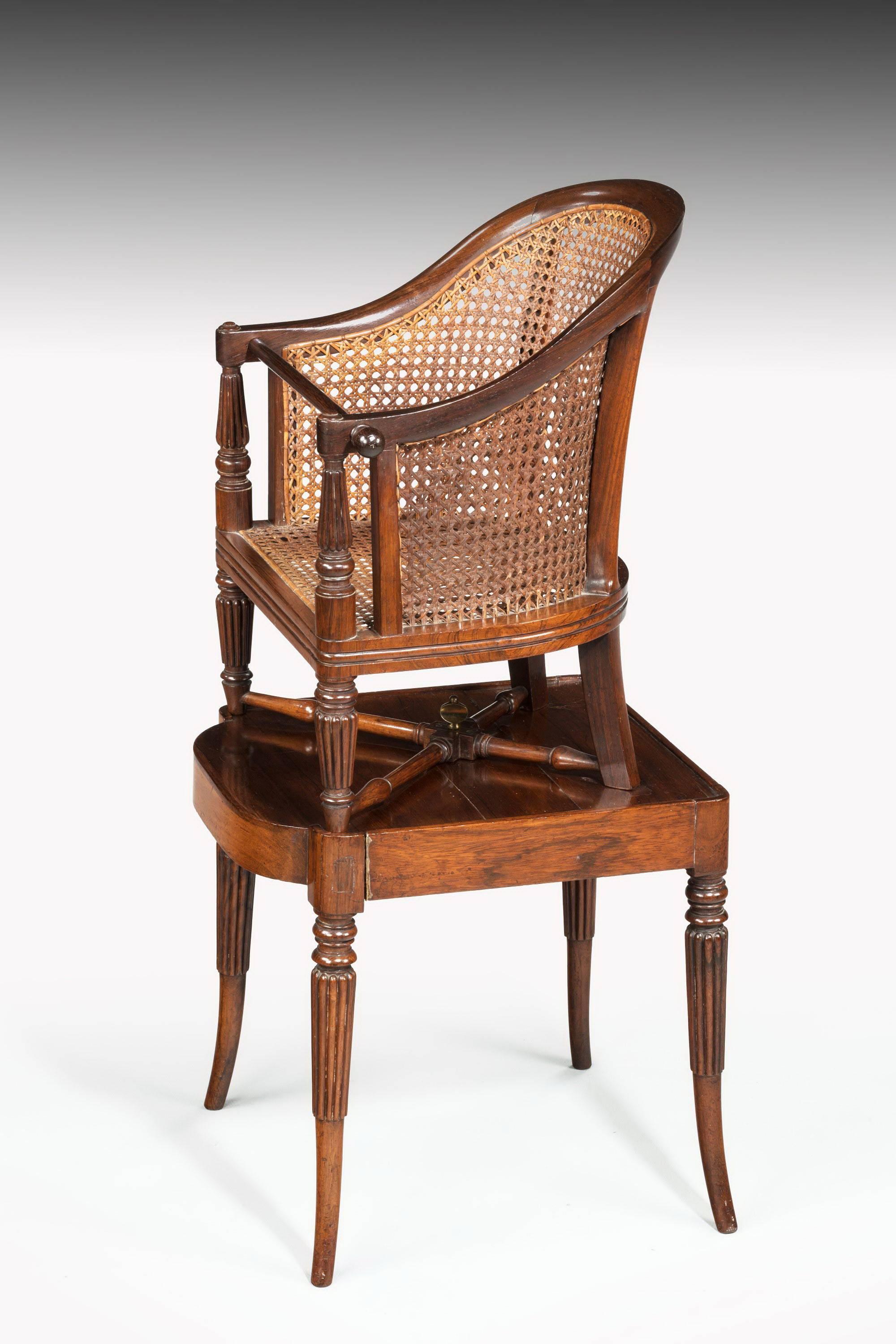 A very good example of a Regency period child’s chair on stand. Minor damage to the cane work. Very best quality with beautifully reeded uprights. Original condition. 

Measure: Seat height-23 inches.