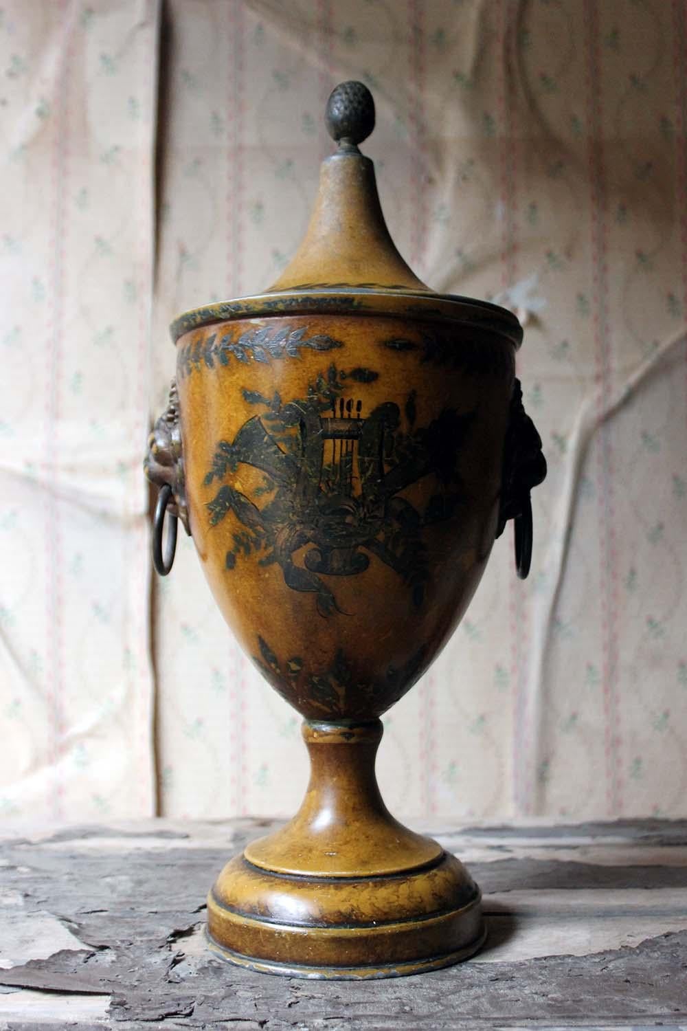 Regency Period Hand Painted Toleware Chestnut Urn and Cover, circa 1810-1820 3