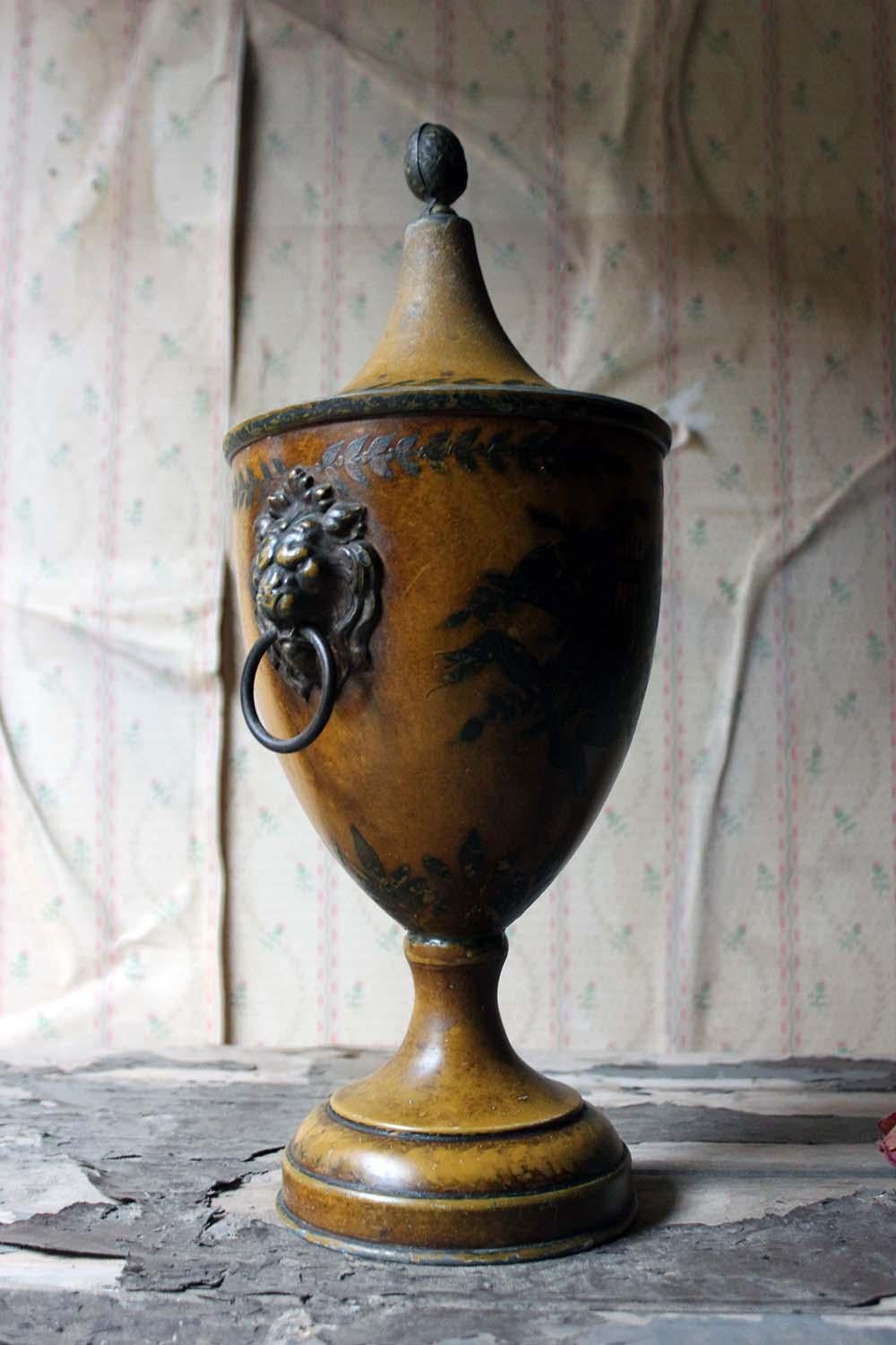 Regency Period Hand Painted Toleware Chestnut Urn and Cover, circa 1810-1820 4