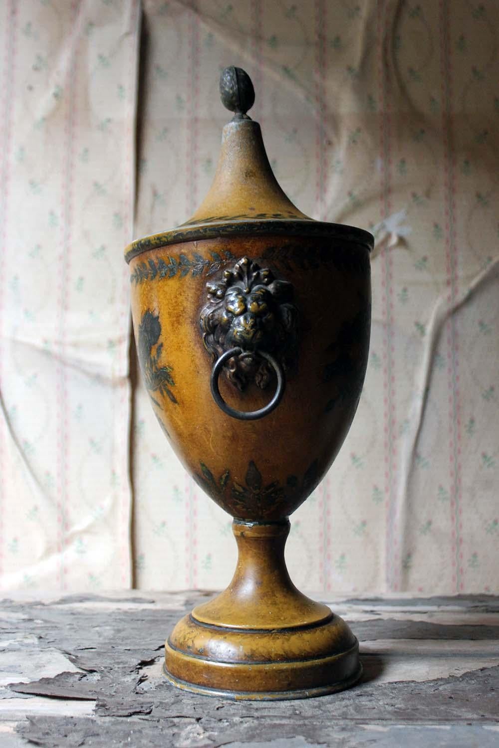Regency Period Hand Painted Toleware Chestnut Urn and Cover, circa 1810-1820 5
