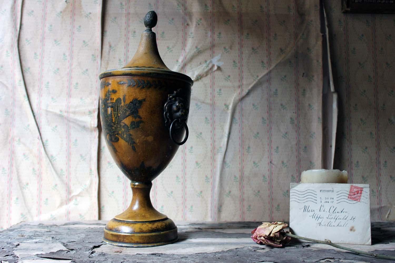 Regency Period Hand Painted Toleware Chestnut Urn and Cover, circa 1810-1820 12