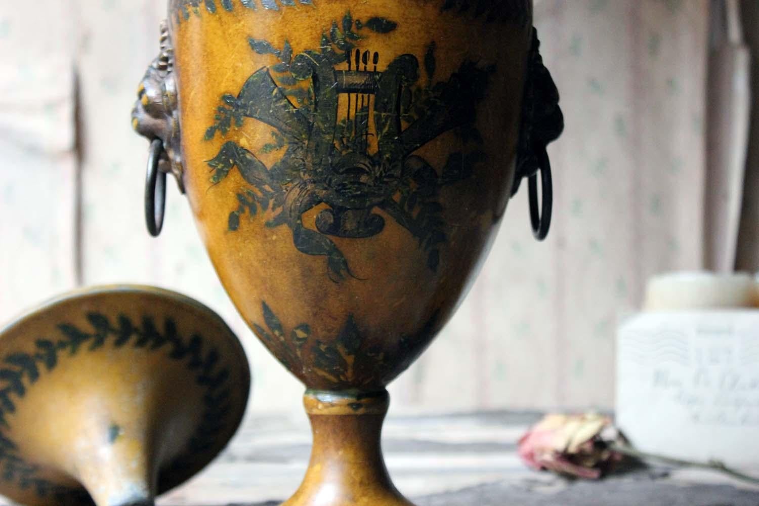 English Regency Period Hand Painted Toleware Chestnut Urn and Cover, circa 1810-1820