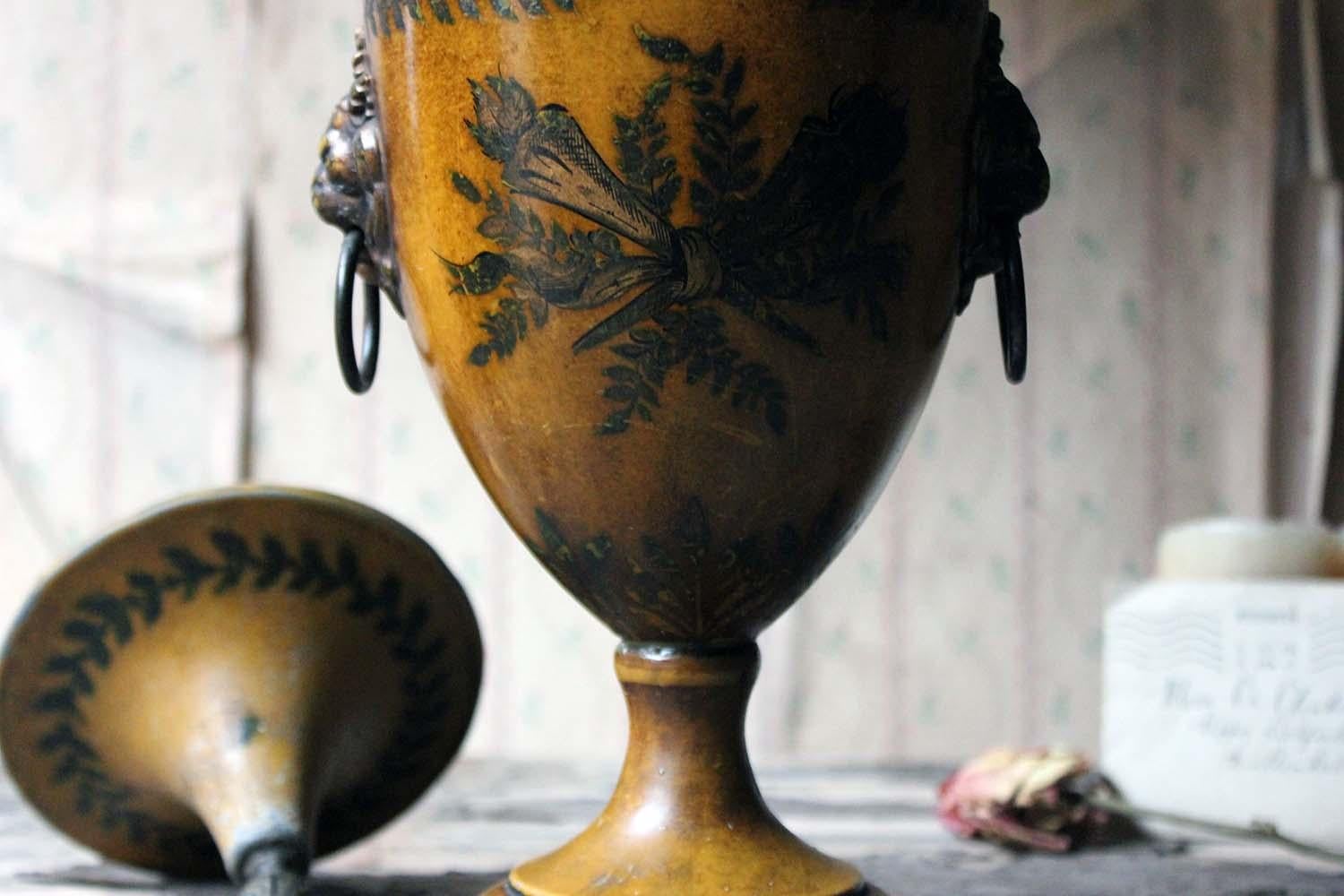 Hand-Painted Regency Period Hand Painted Toleware Chestnut Urn and Cover, circa 1810-1820