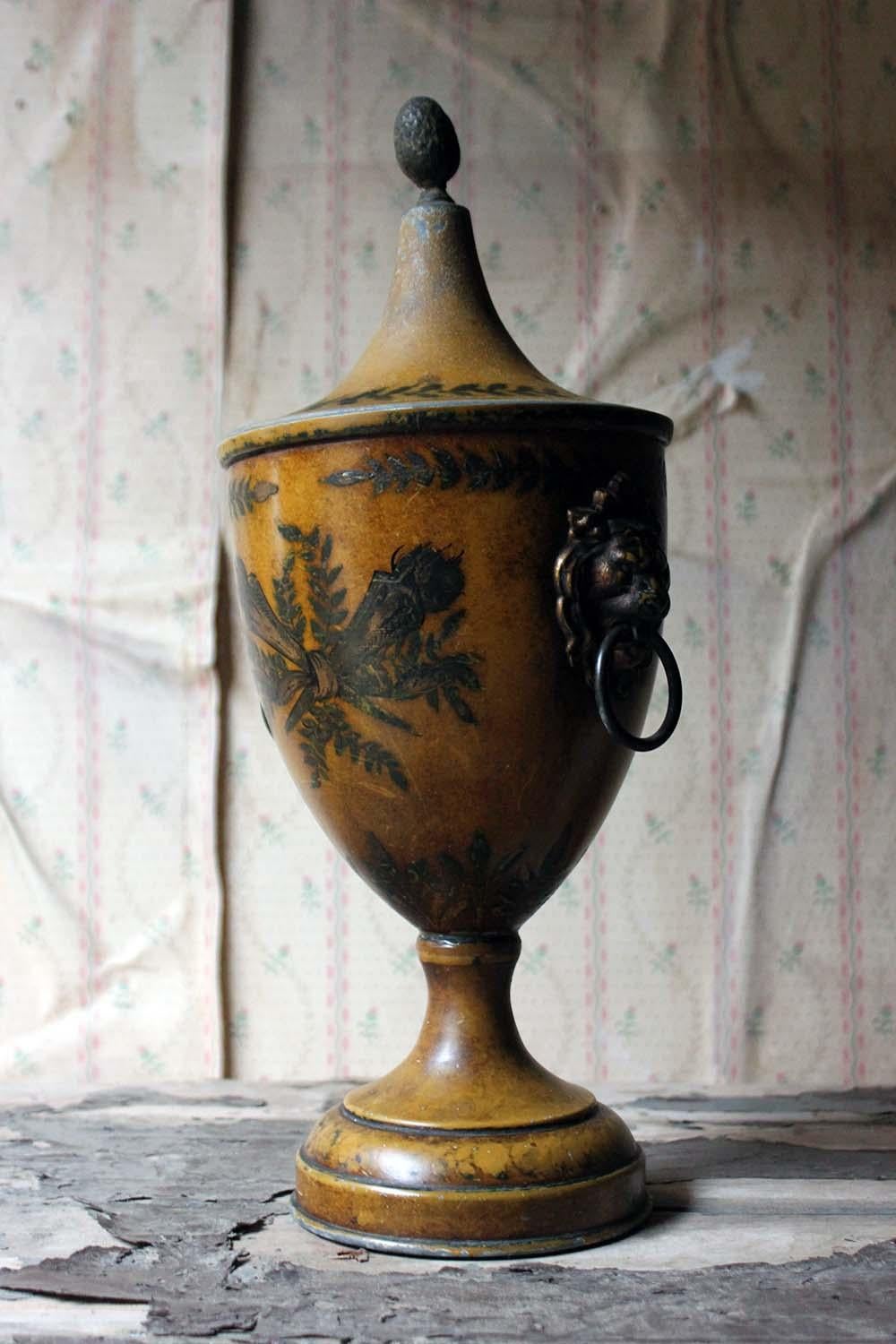 Regency Period Hand Painted Toleware Chestnut Urn and Cover, circa 1810-1820 In Fair Condition In Bedford, Bedfordshire
