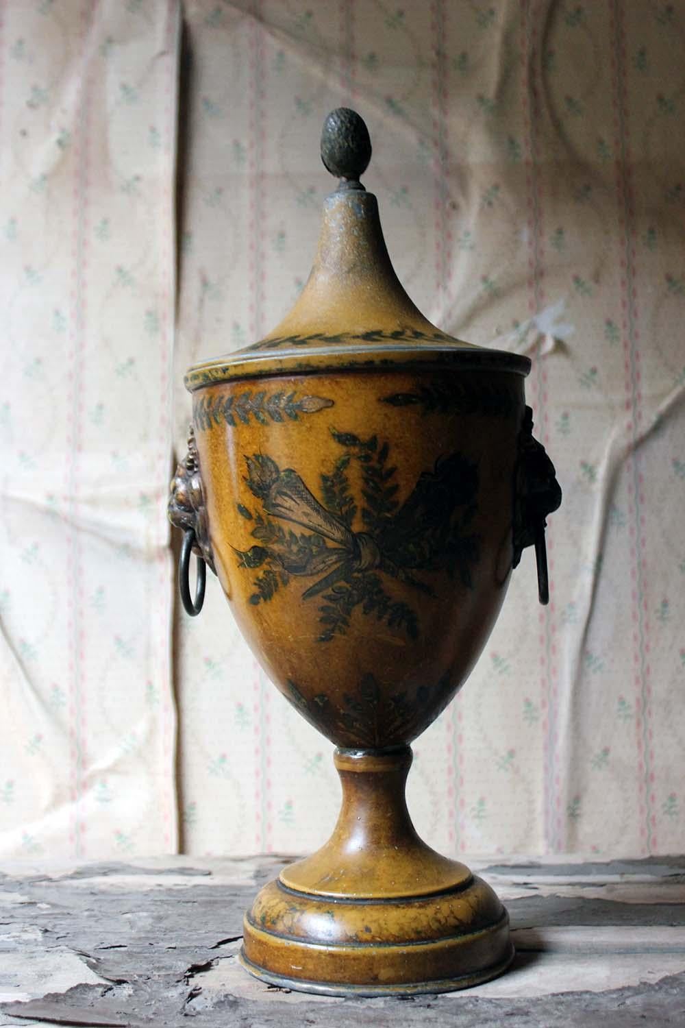 Early 19th Century Regency Period Hand Painted Toleware Chestnut Urn and Cover, circa 1810-1820
