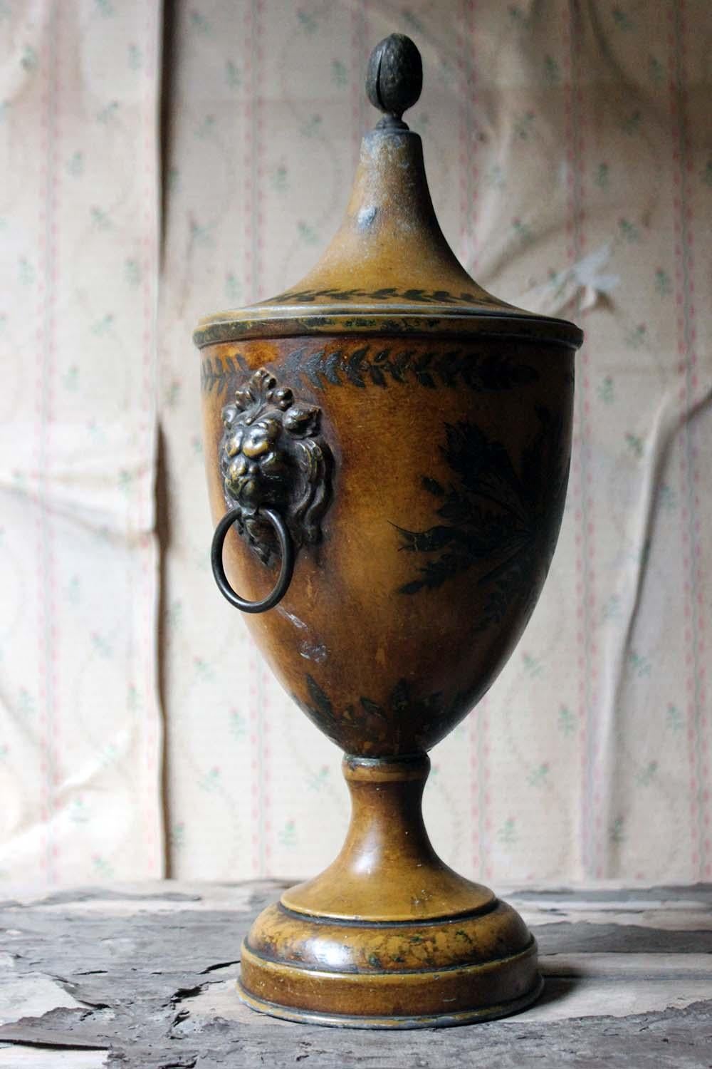 Tôle Regency Period Hand Painted Toleware Chestnut Urn and Cover, circa 1810-1820