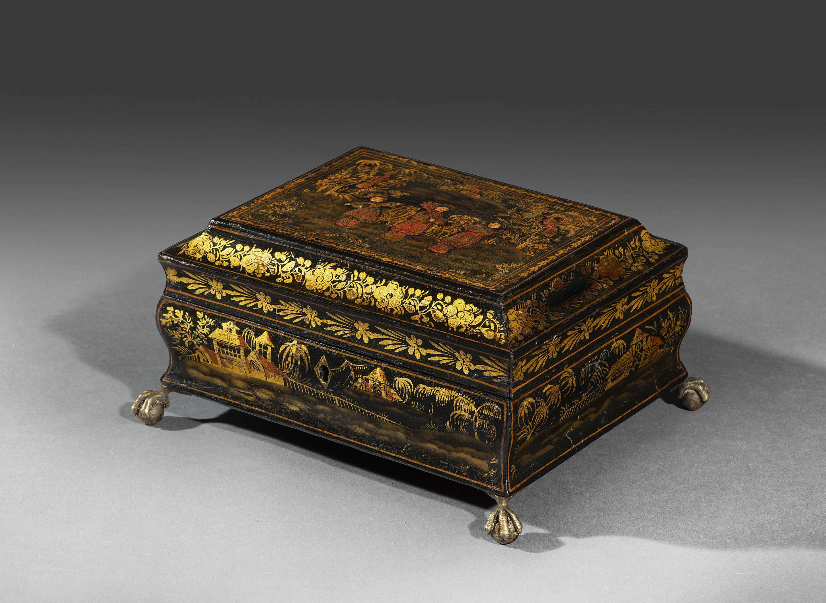 English Regency Period Japanned and Chinoiserie Lacquered Casket Standing on Brass Feet
