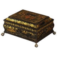 Regency Period Japanned and Chinoiserie Lacquered Casket Standing on Brass Feet