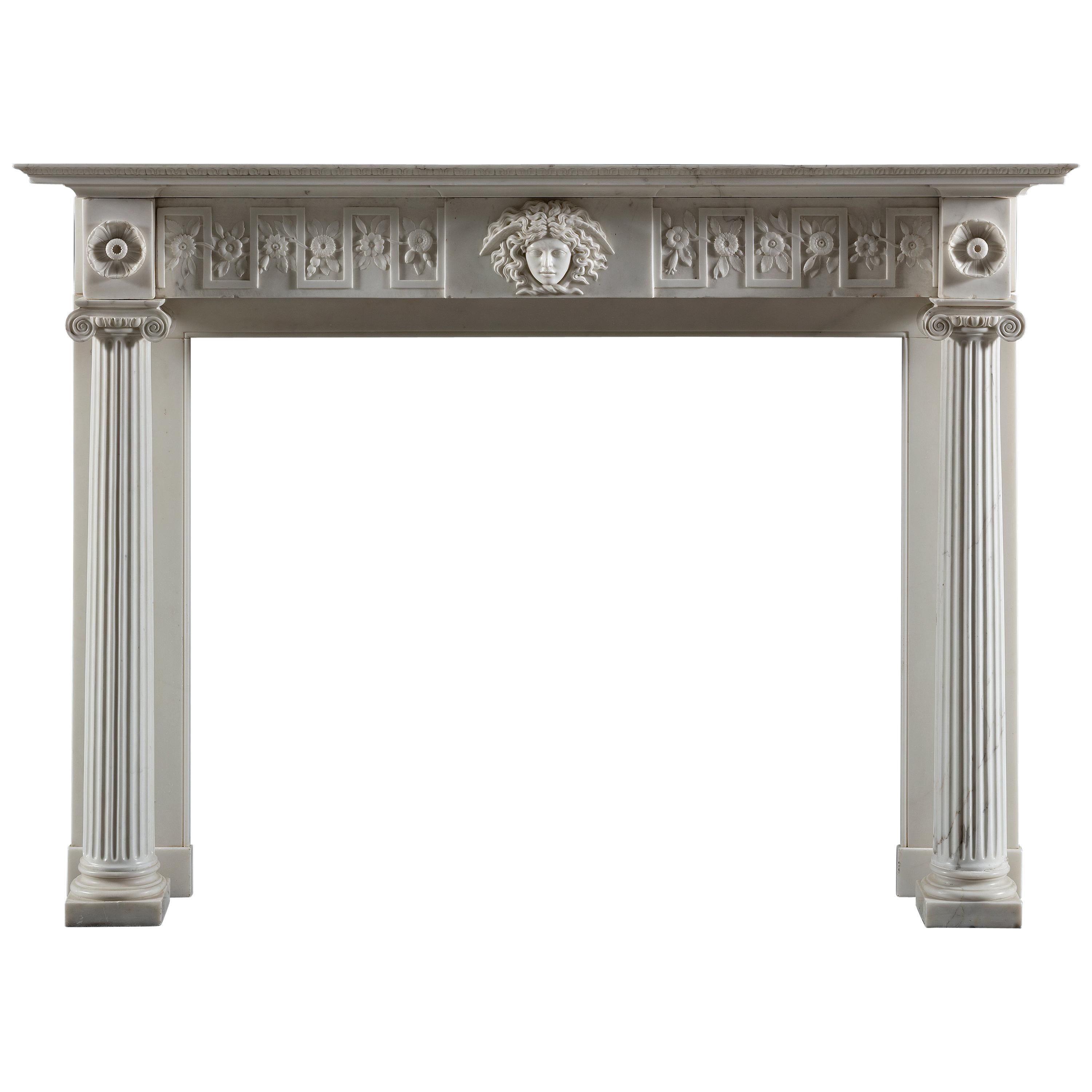 Regency Period, Neoclassical Column Fireplace in White Statuary Marble