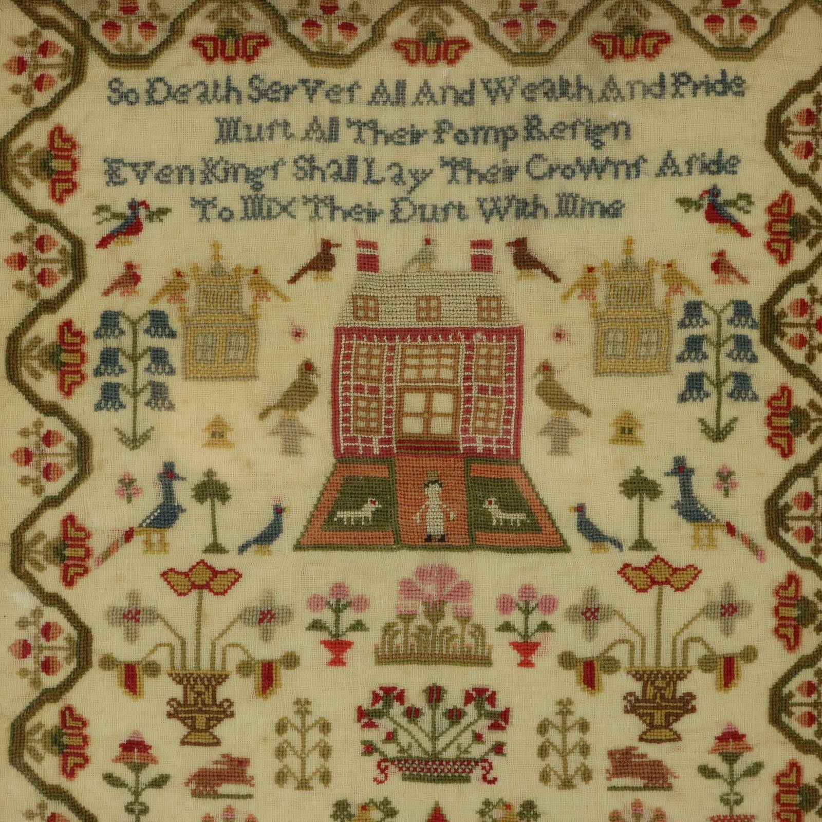 Regency period sampler, 1827, by Maria Curtis. The sampler is worked in fine wool and silk on linen ground, in cross stitch. Meandering floral strawberry border. Colours red, yellow, brown, silver, black, pink, green and blue. Verse reads, 'So Death