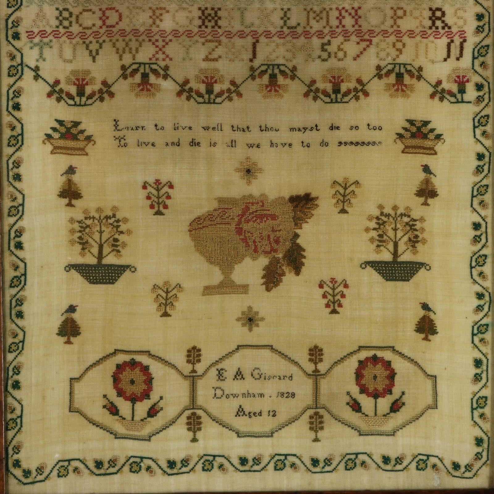 Sampler de Norfolk de l'époque de la Régence, 1828, par E A Giscard âgé de 12 ans Bon état - En vente à Chelmsford, Essex