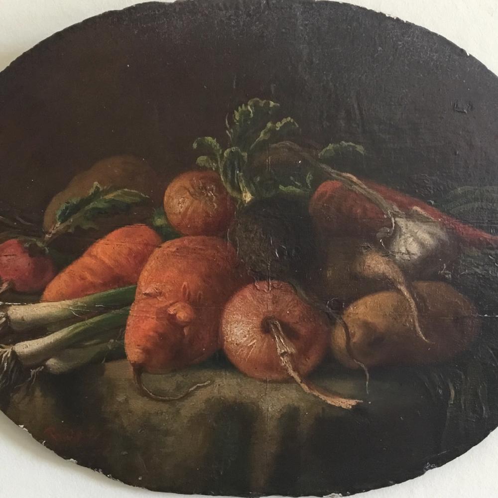 An early 19th century, oil on oval panel, still life study of vegetables. Indistinctly signed.
A superb still life painting with wonderful detail and the most beautiful rich color palette.
In generally good condition with a structural support to
