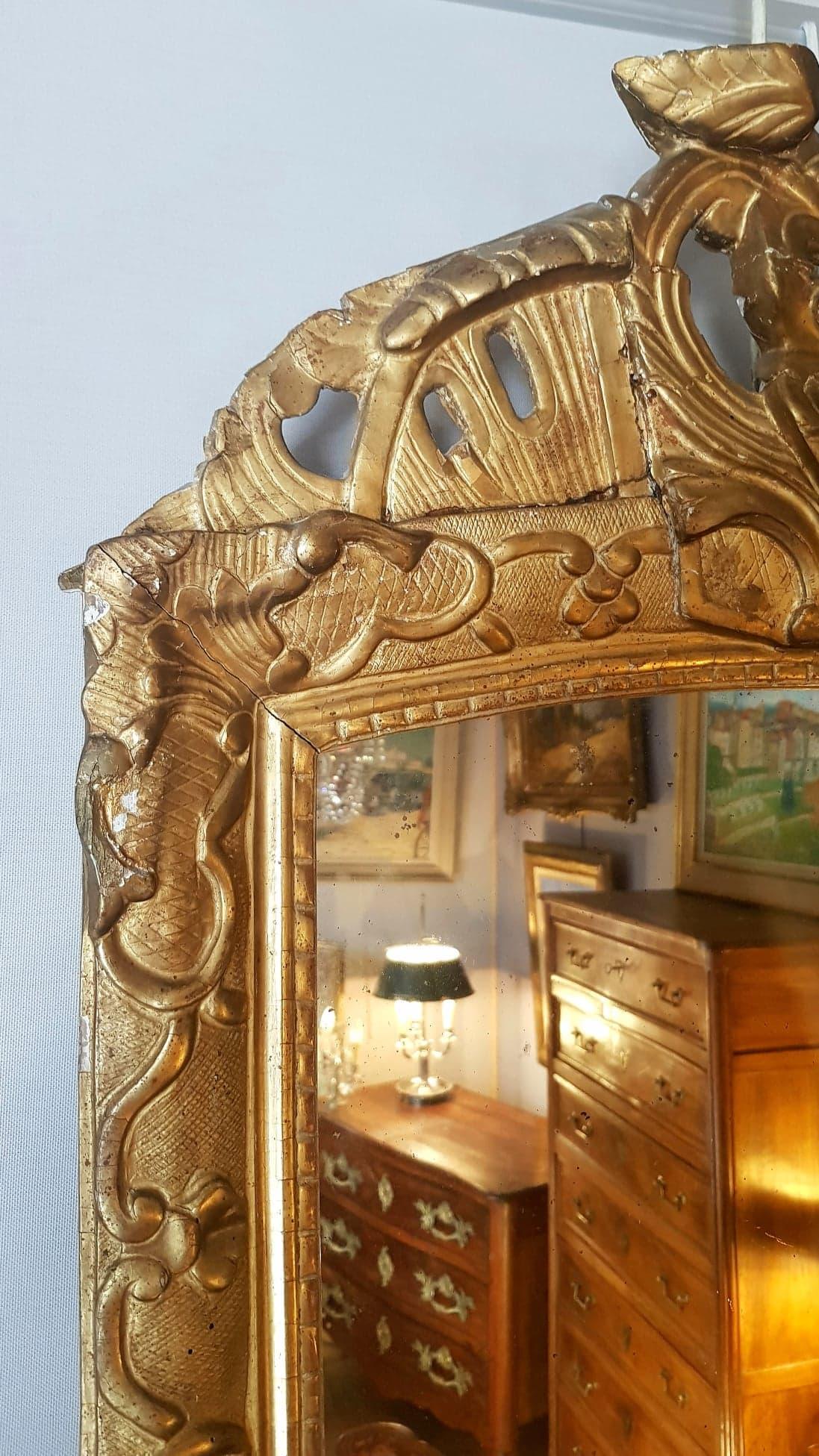 Wool Regency Period Pediment Mirror, Floral Decorations, Golden Carved Wood, 18th For Sale