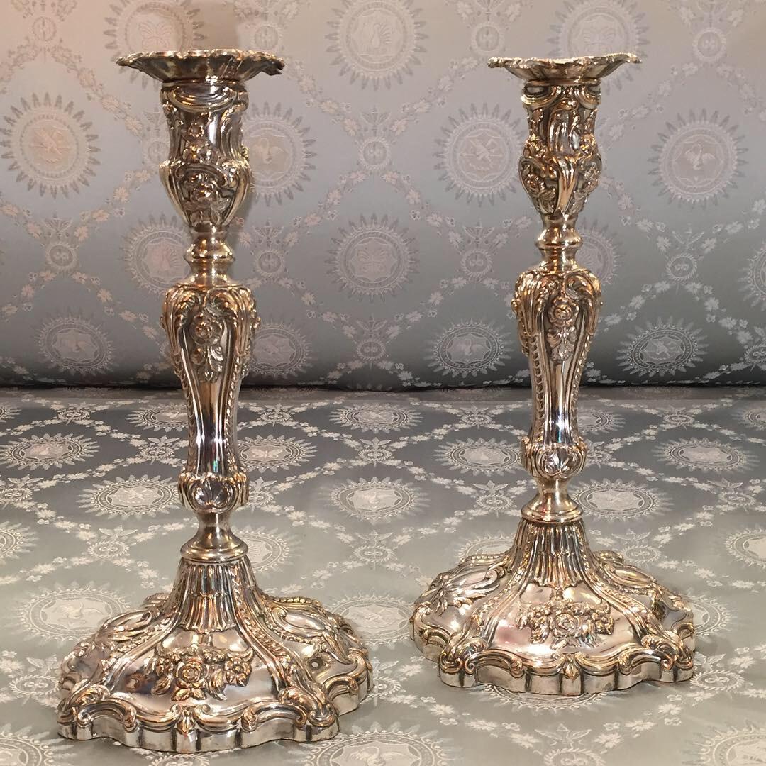 Absolutely fabulous pair of early 19th century Rococo Revival candlesticks by T & J Creswick.

The profuse decoration including C scrolls, raffle leaves, lapping, floral and foliate sprays, cartouches and shells, all of the very finest
