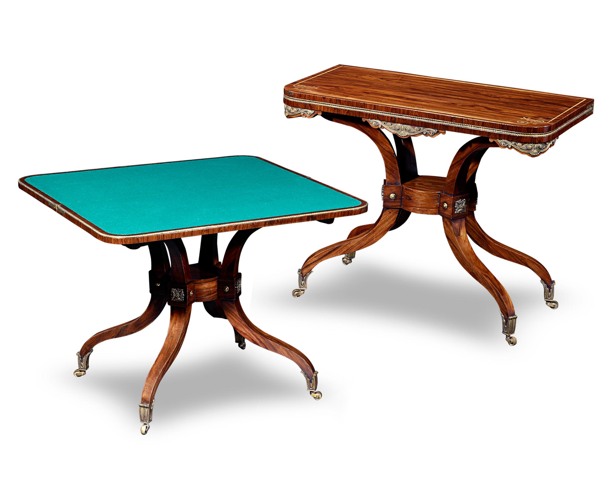 These exceptional Regency card tables were designed with dual purposes in mind. Crafted of rosewood, the tables serve as attractive console tables when closed. When opened, the tables quickly transform into a felt-lined card playing surface.