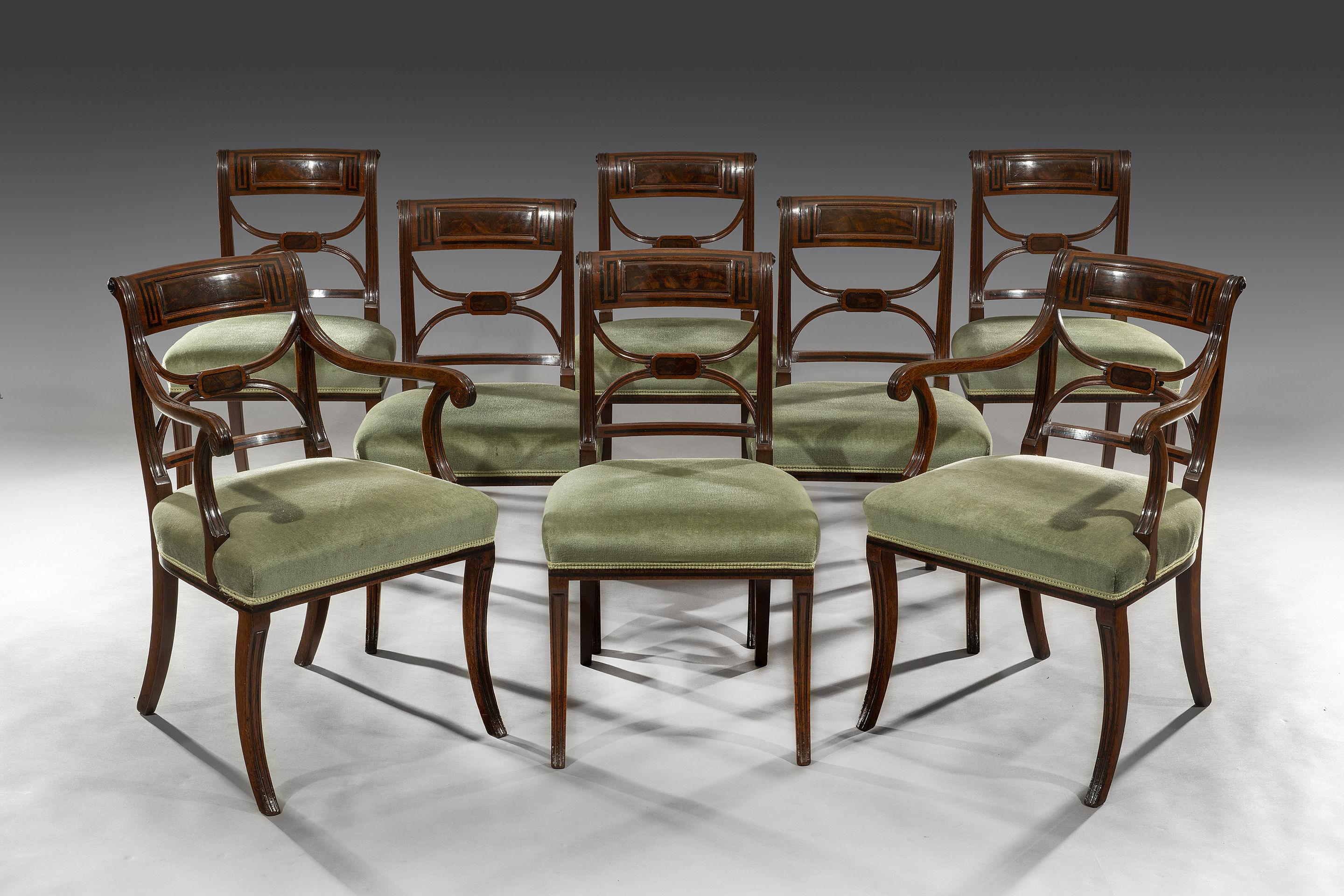 English Regency Period Set of Eight Mahogany and Ebony Inlaid Dining Chairs For Sale