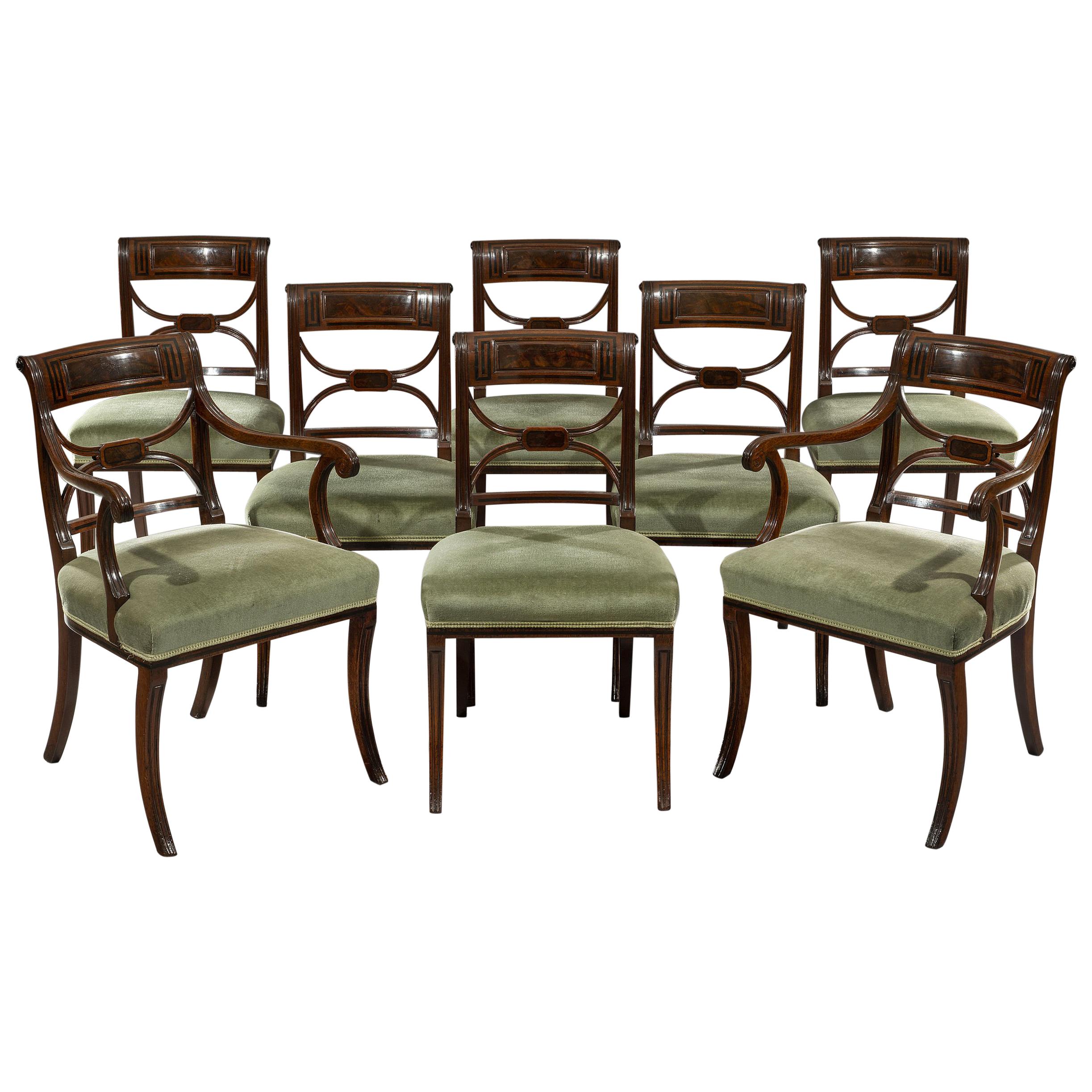 Regency Period Set of Eight Mahogany and Ebony Inlaid Dining Chairs For Sale