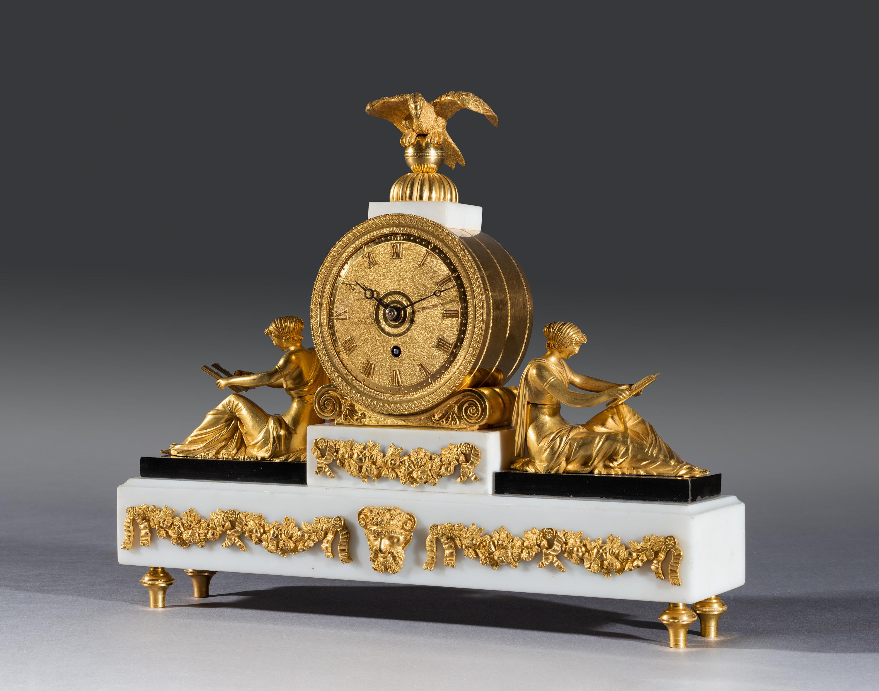 Regency Period White Marble and Gilt Bronze Mantel Timepiece the Superb English In Good Condition For Sale In Bradford on Avon, GB