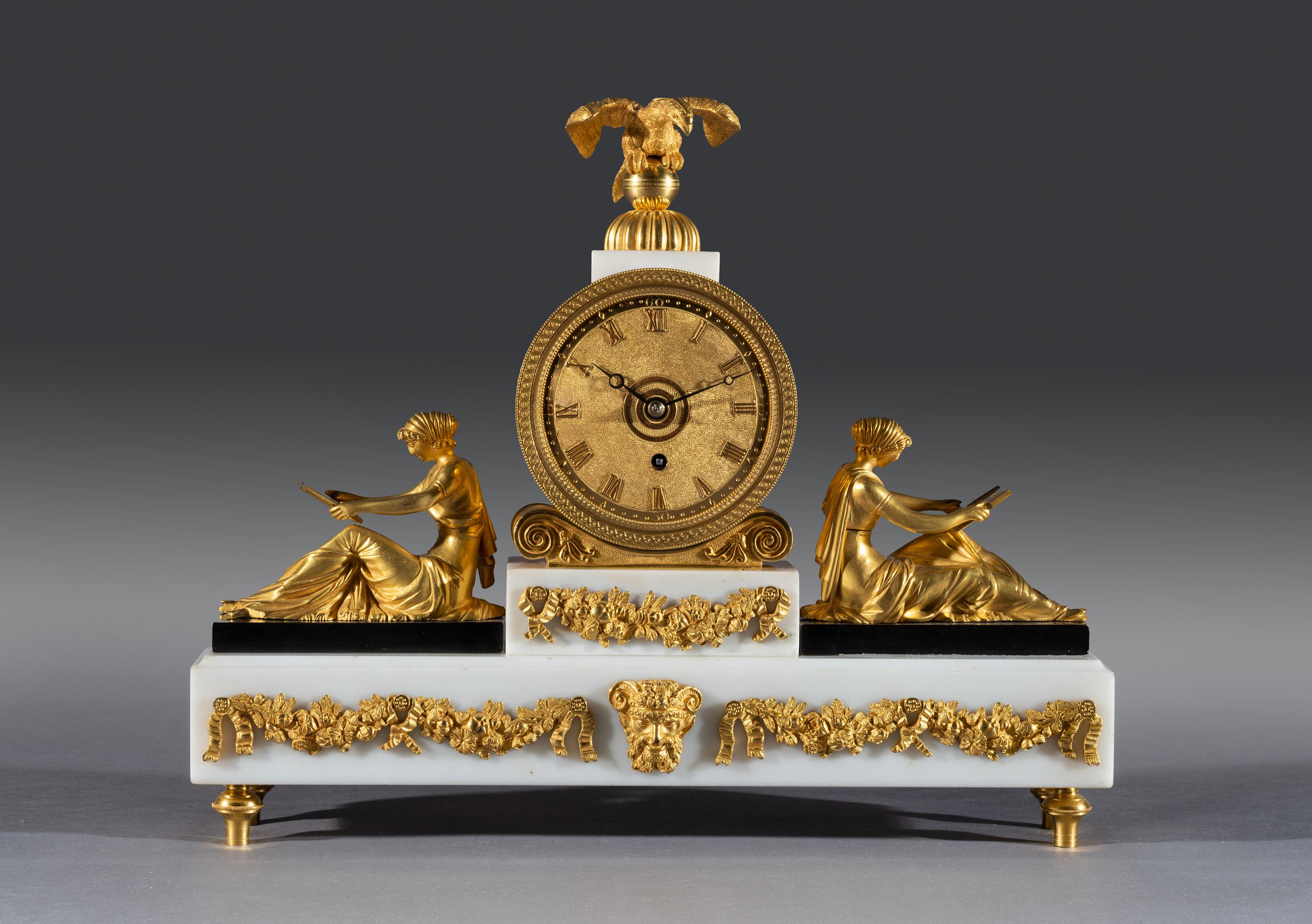 Mid-19th Century Regency Period White Marble and Gilt Bronze Mantel Timepiece the Superb English For Sale