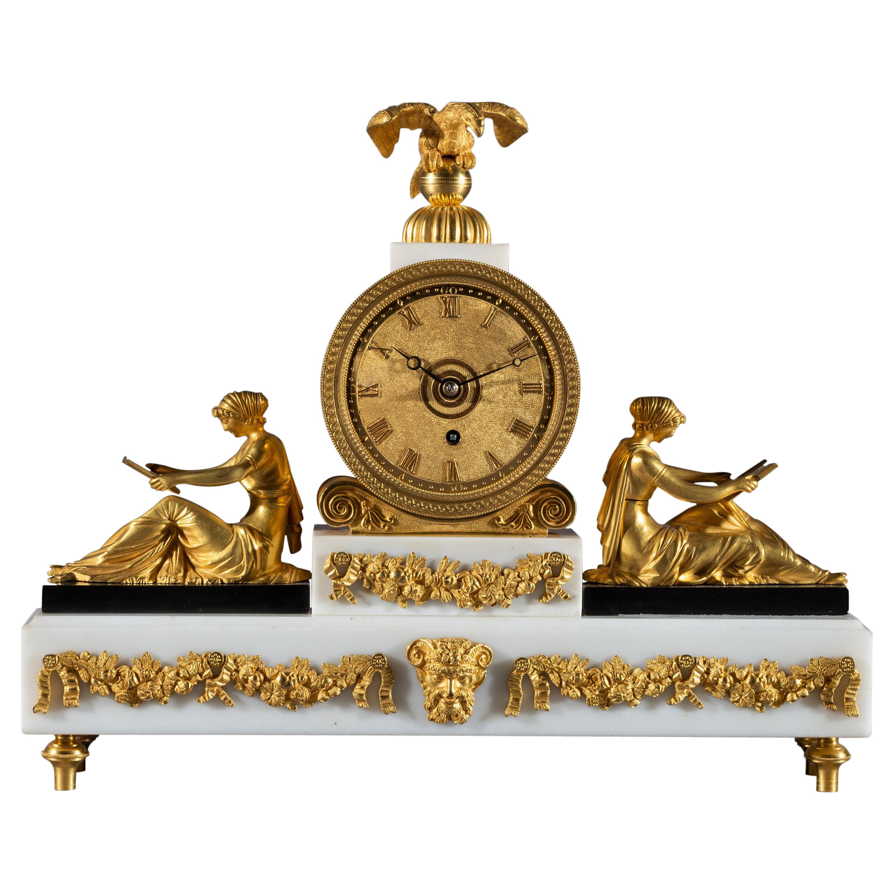 Regency Period White Marble and Gilt Bronze Mantel Timepiece the Superb English For Sale