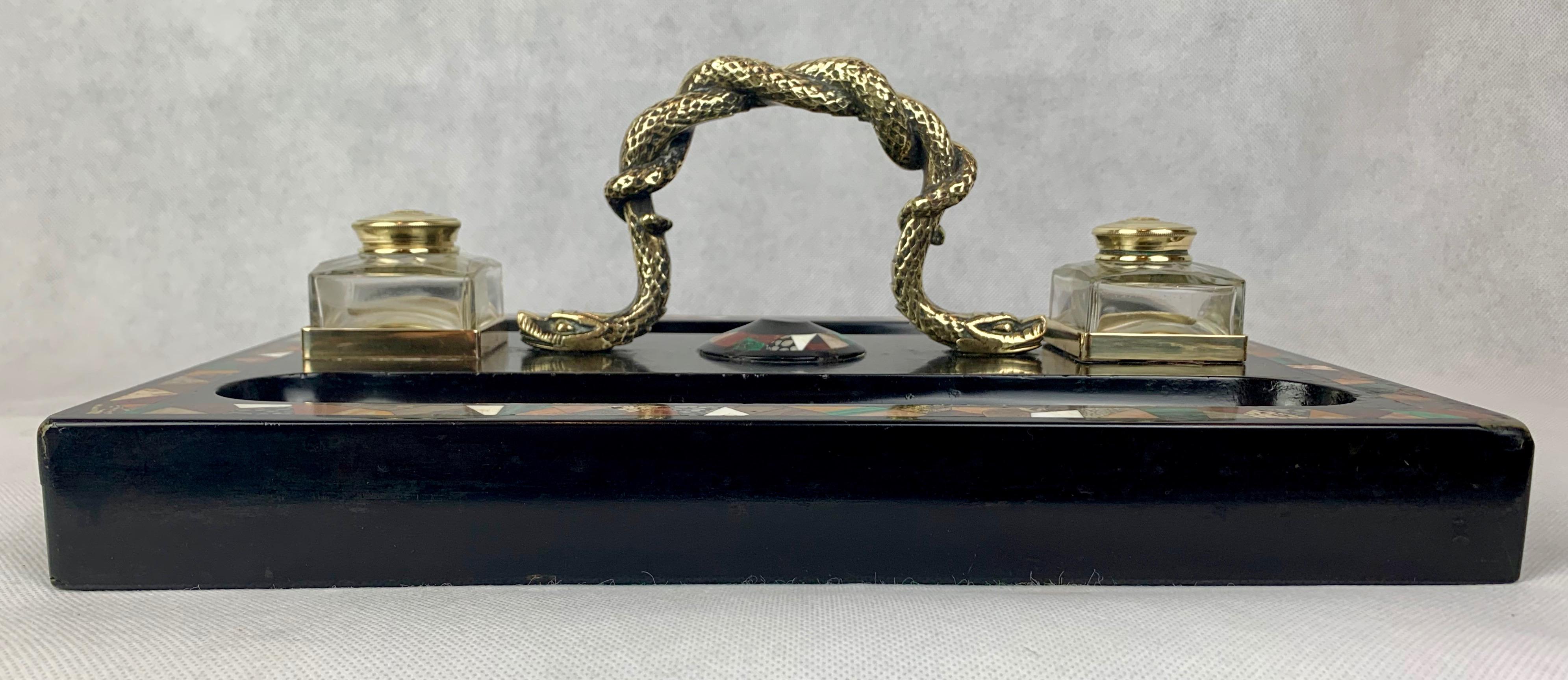  Pietra Dura Inkstand with Bronze, Malachite, Hardstones, English Regency Period 5