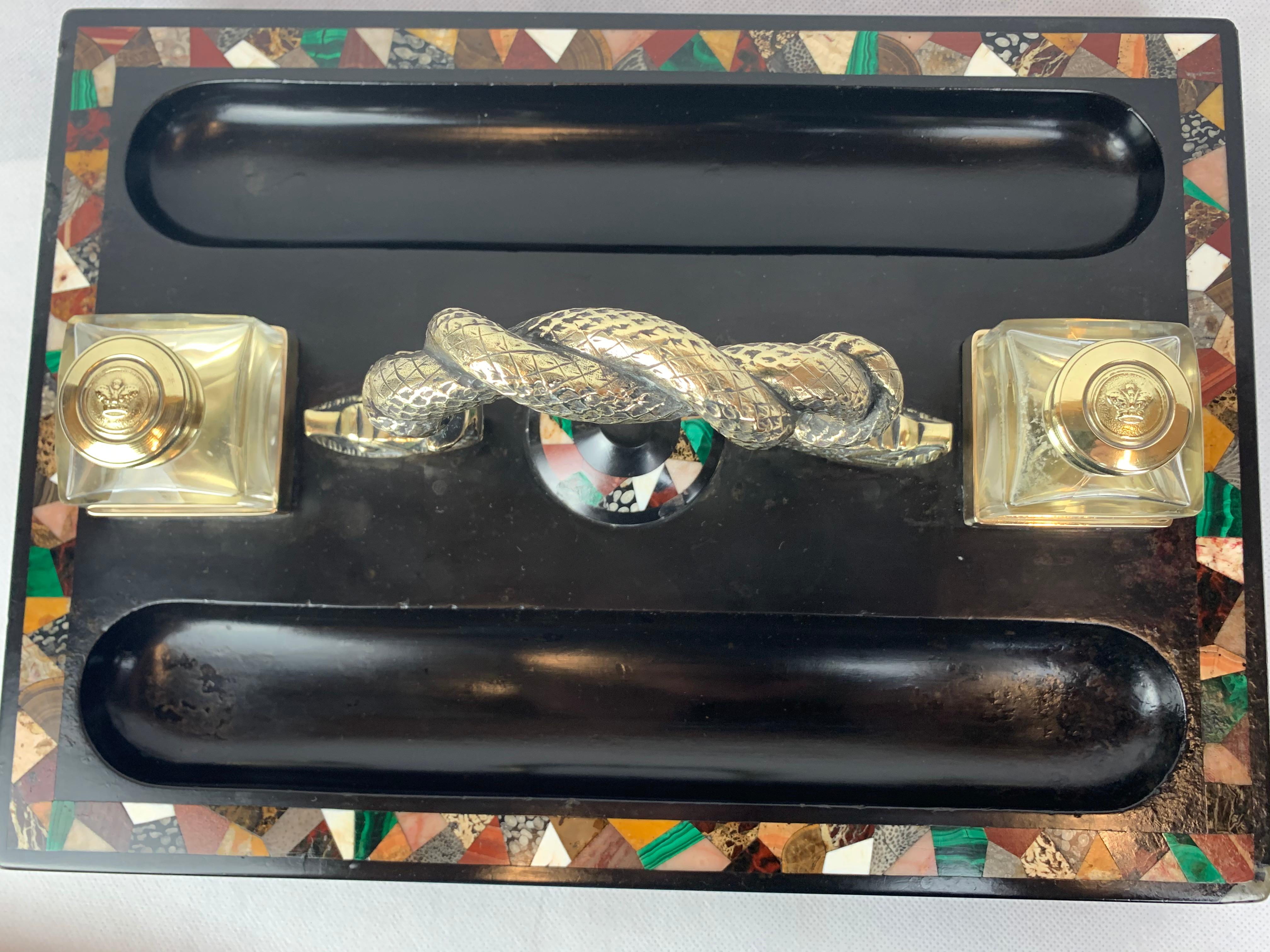 Cast  Pietra Dura Inkstand with Bronze, Malachite, Hardstones, English Regency Period