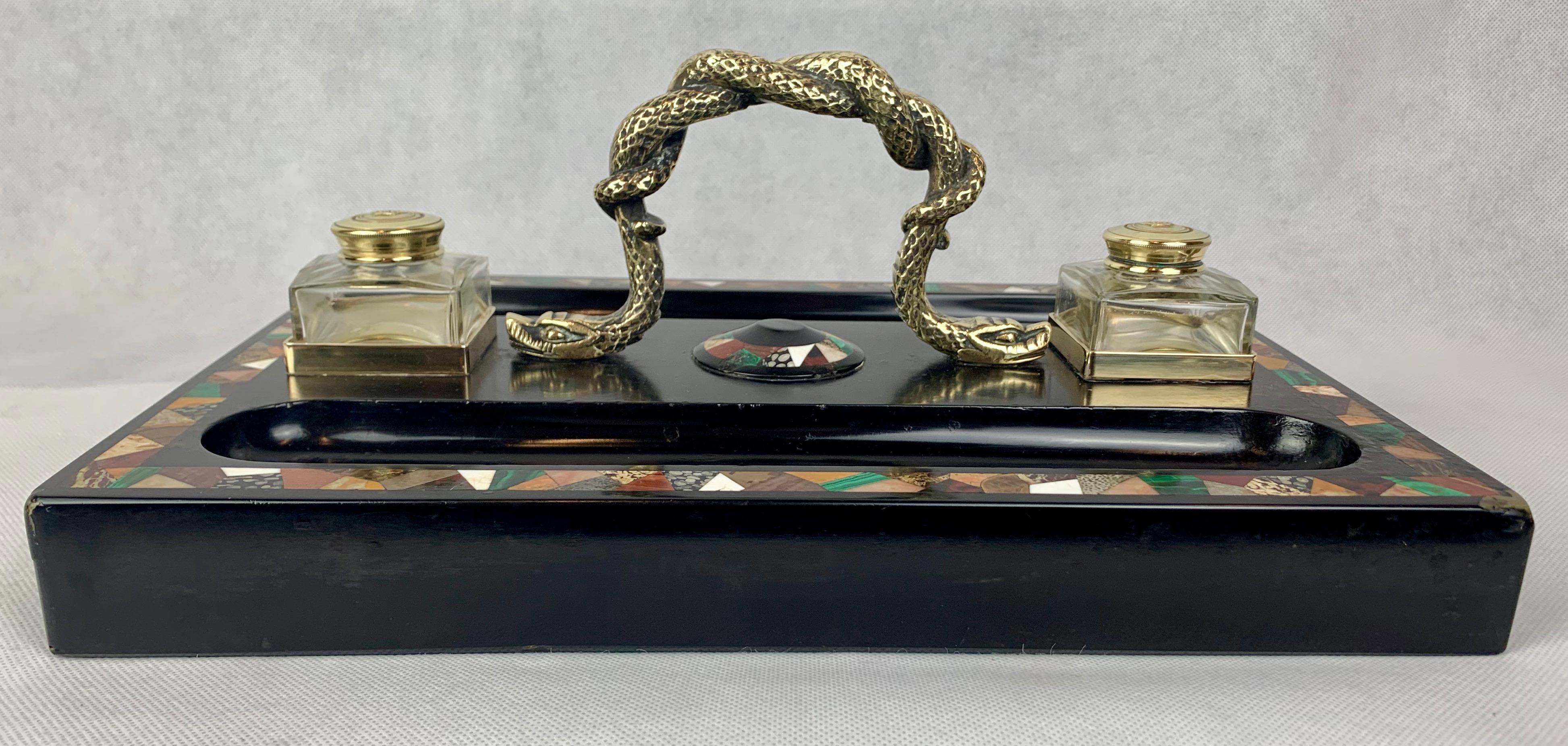  Pietra Dura Inkstand with Bronze, Malachite, Hardstones, English Regency Period 2