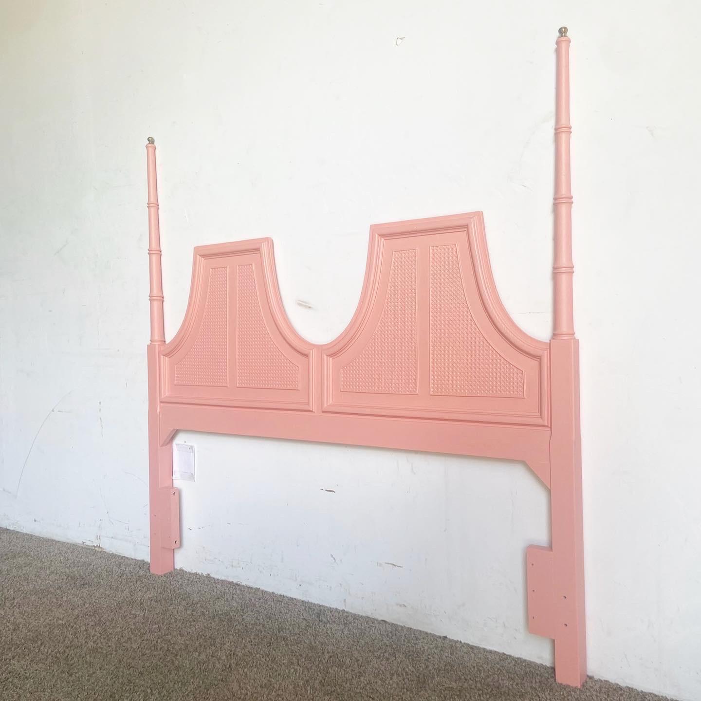 Transform your bedroom with this Regency Pink Faux Cane Queen Headboard With Brass Accents. The headboard features a vibrant hot pink faux cane pattern and elegant brass accents, offering both opulence and whimsy.
Was repainted by previous owner.