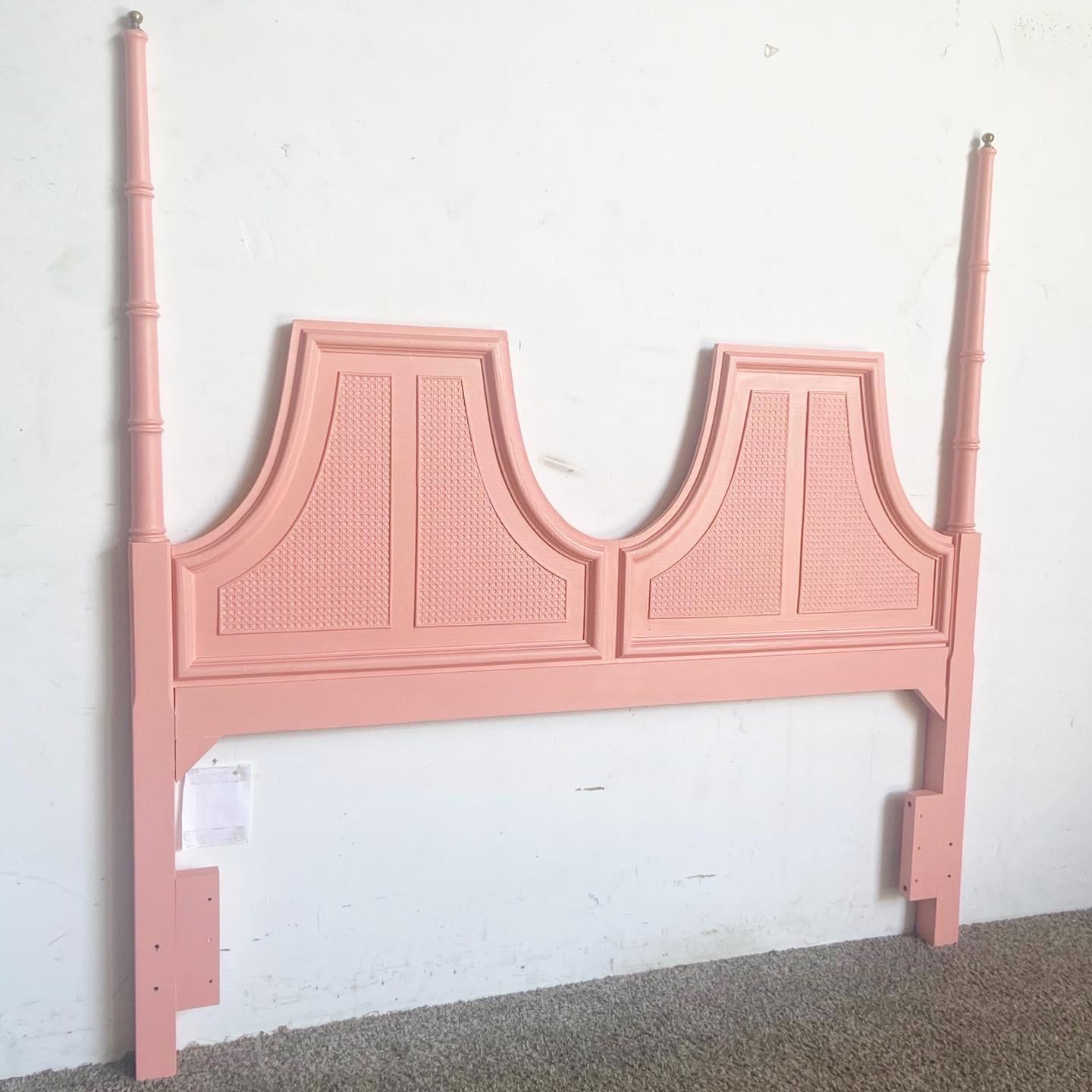 American Regency Pink Faux Cane Queen Headboard With Brass Accents