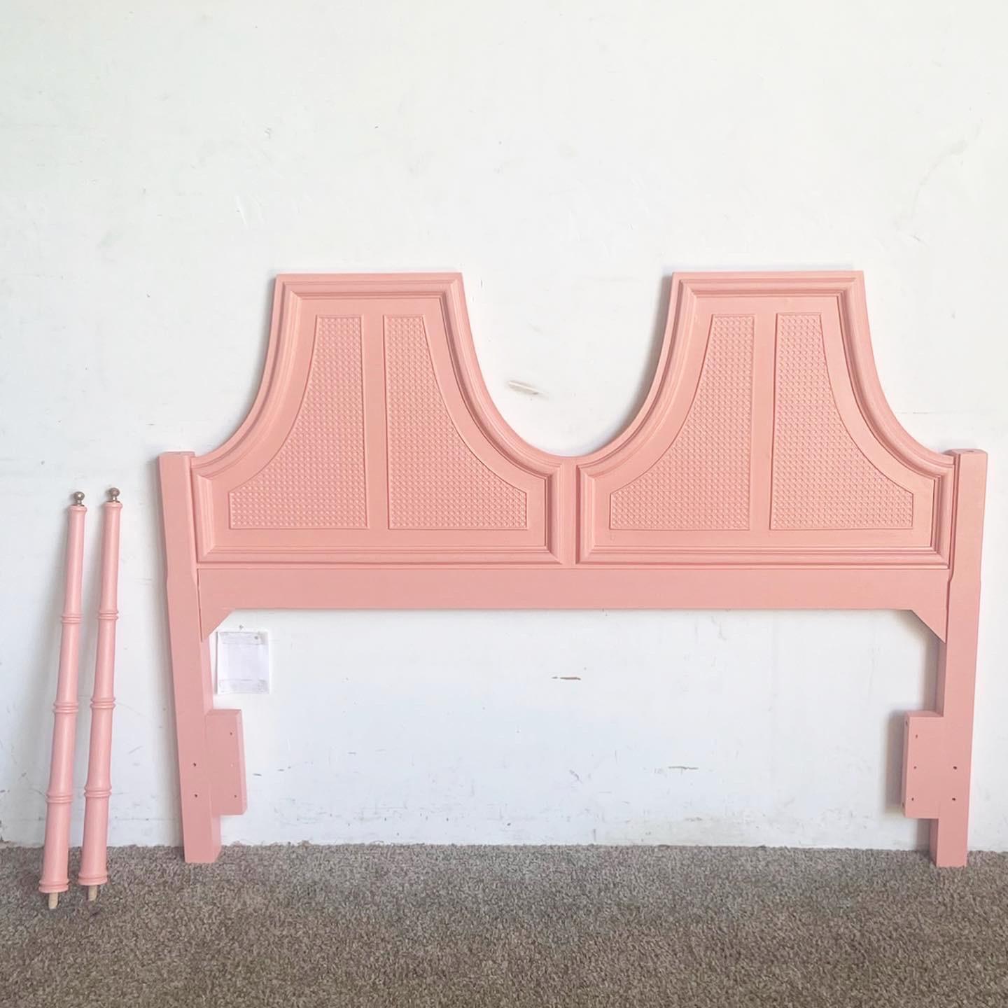 Regency Pink Faux Cane Queen Headboard With Brass Accents 2
