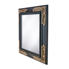 Regency Rectangular Handcrafted Black Gold Foil Wood Mirror Spain, 1970