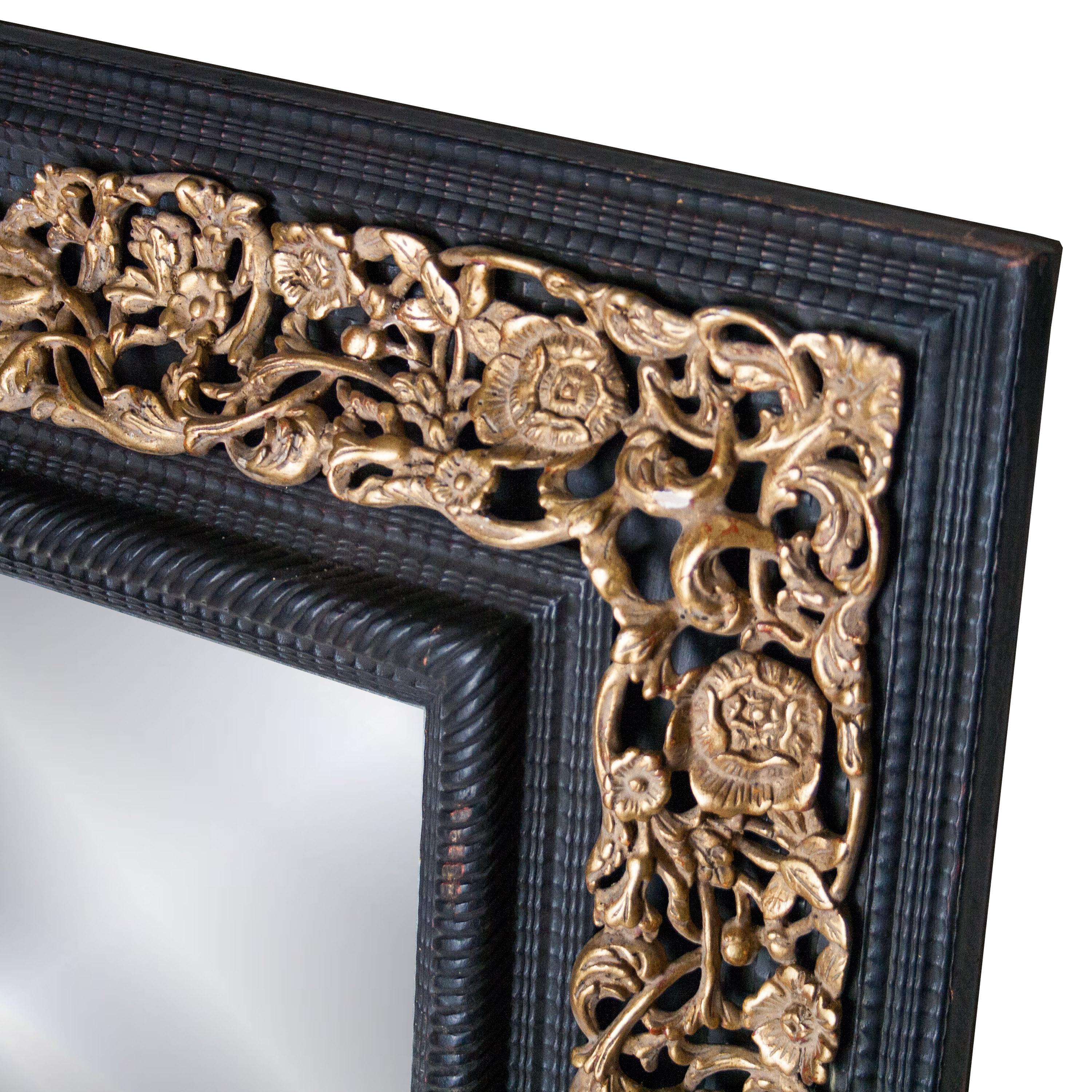 Neoclassical Revival Regency Rectangular Handcrafted Black Gold Foil Wood Mirror Spain, 1970 For Sale
