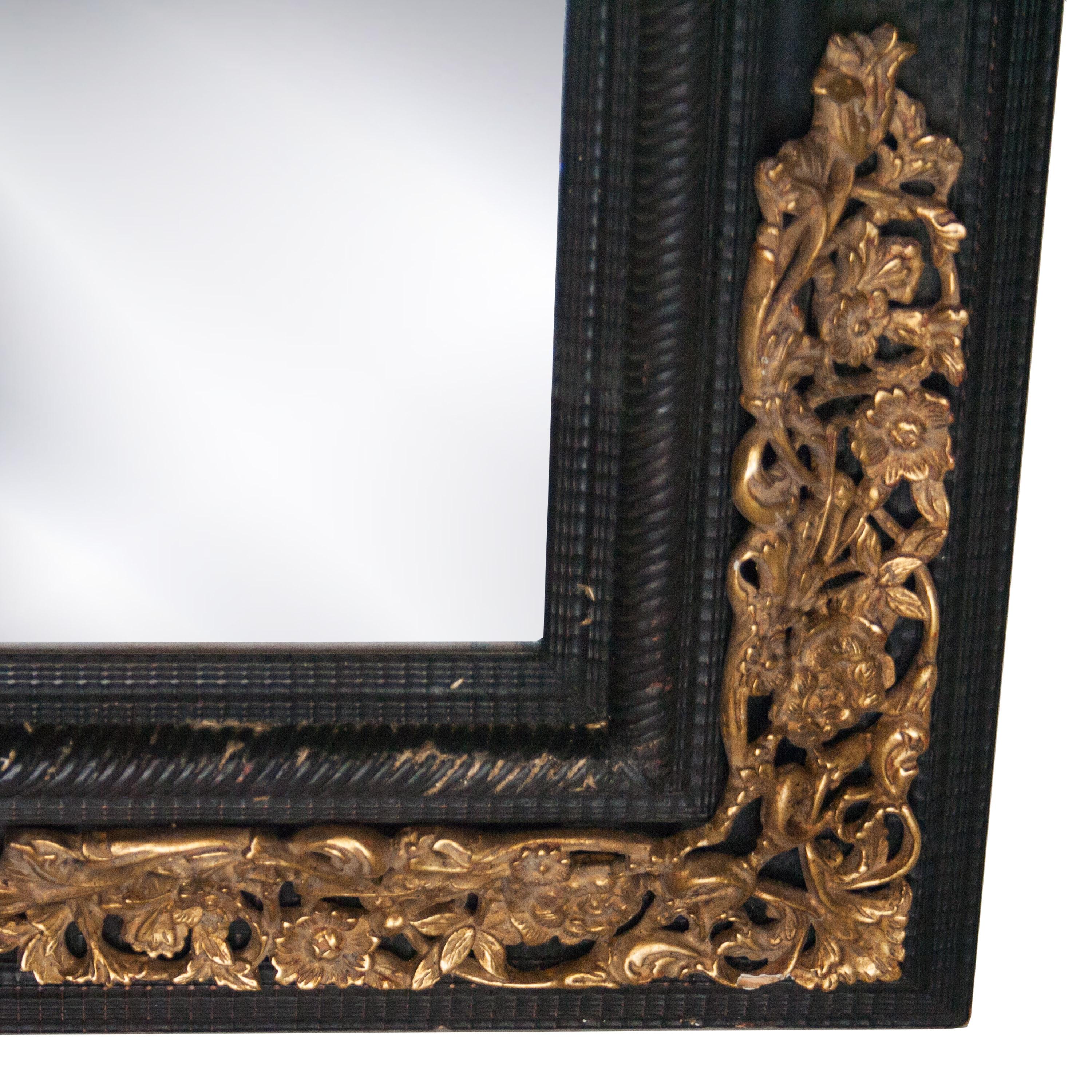 Spanish Regency Rectangular Handcrafted Black Gold Foil Wood Mirror Spain, 1970 For Sale