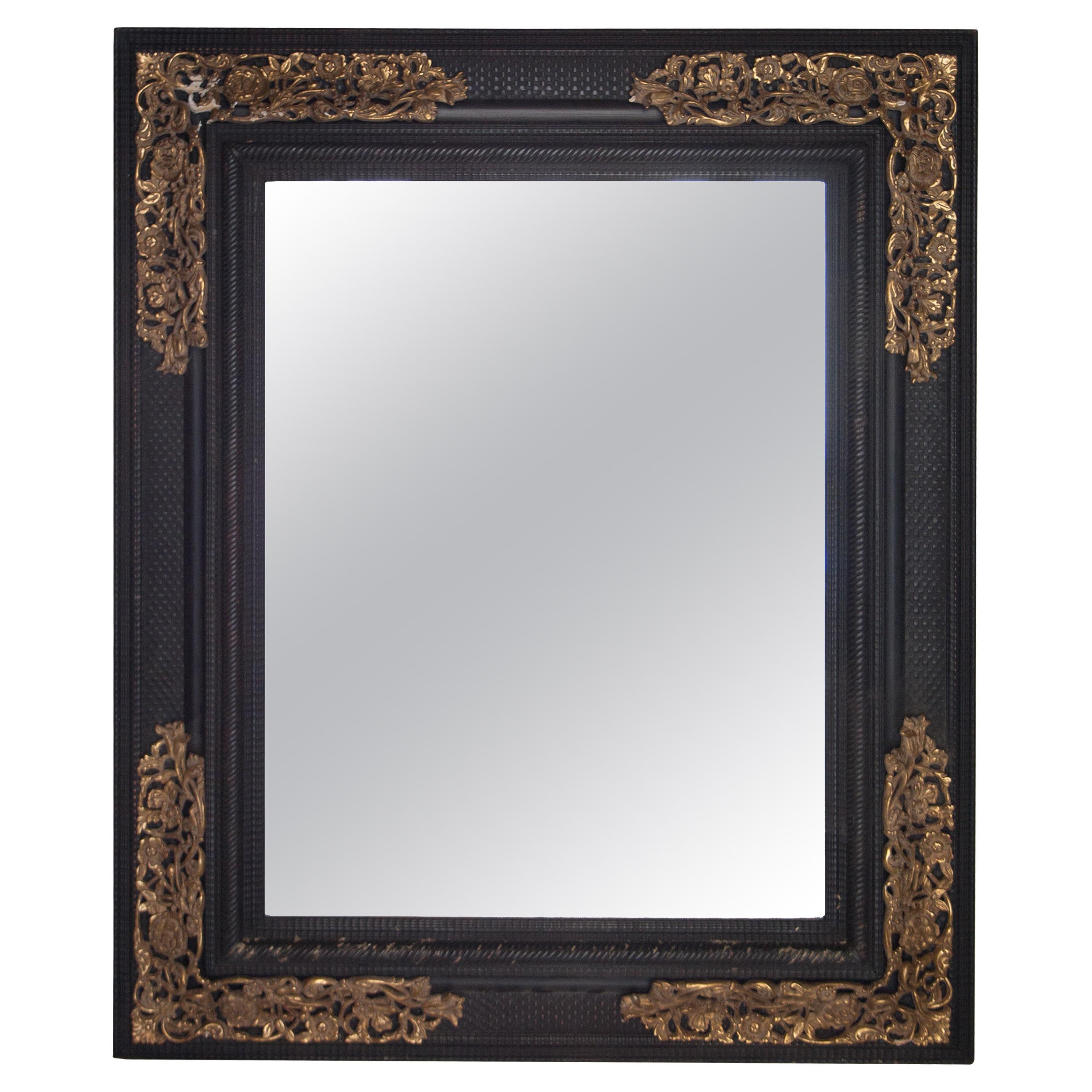 Regency Rectangular Handcrafted Black Gold Foil Wood Mirror Spain, 1970