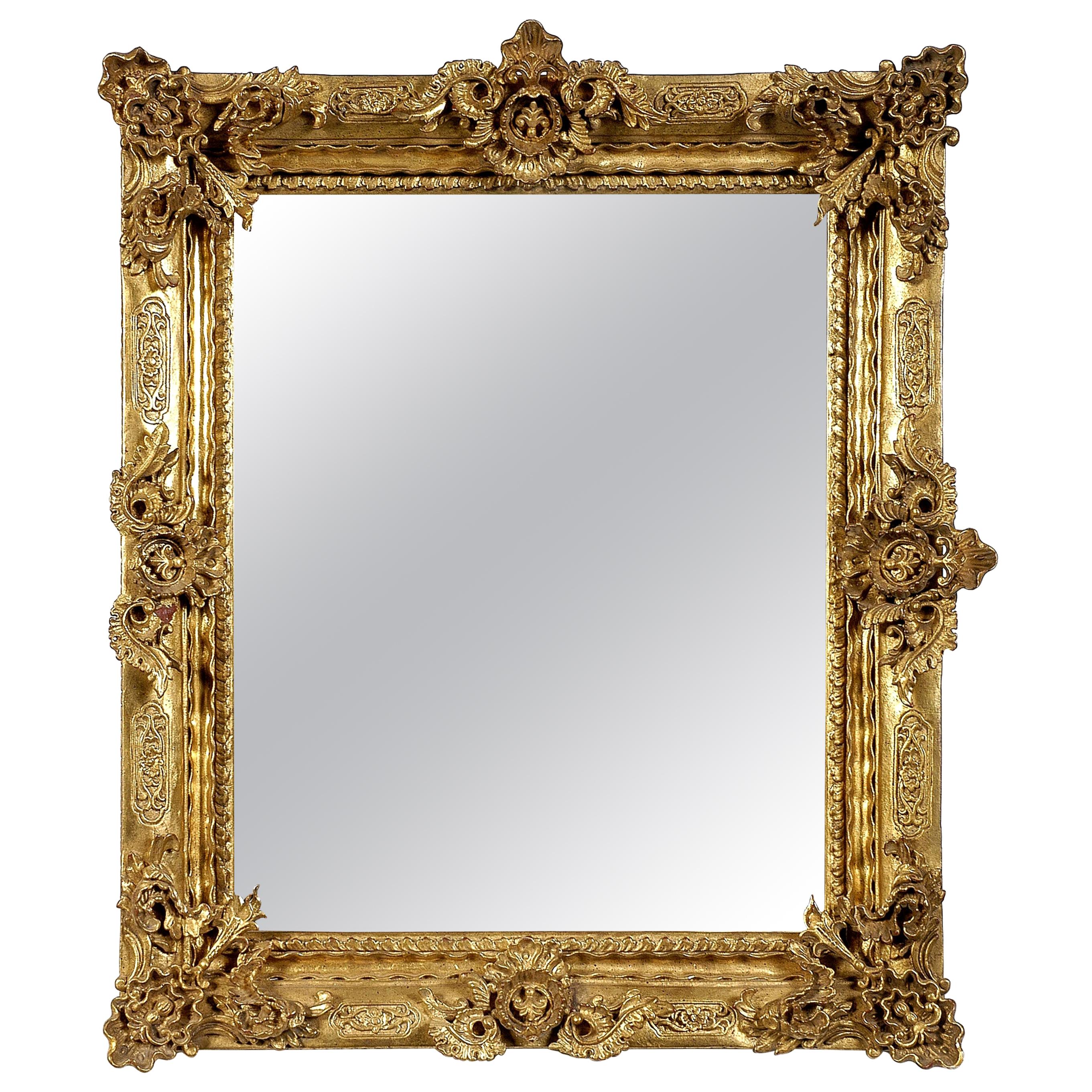 Regency Rectangular Handcrafted Gold Foil Wood Wall Mirror, 1970