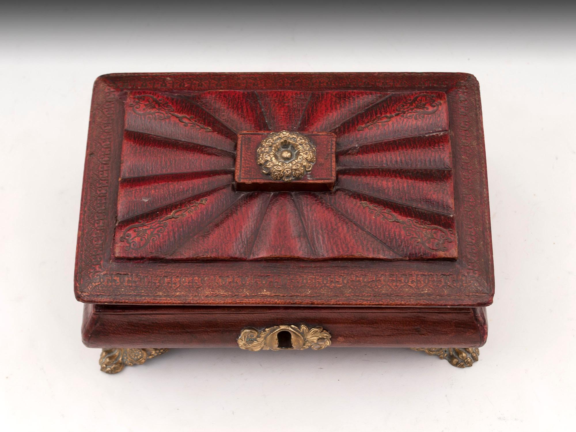 British Regency Antique Red Leather Brass Bone Sewing Needlework Box For Sale