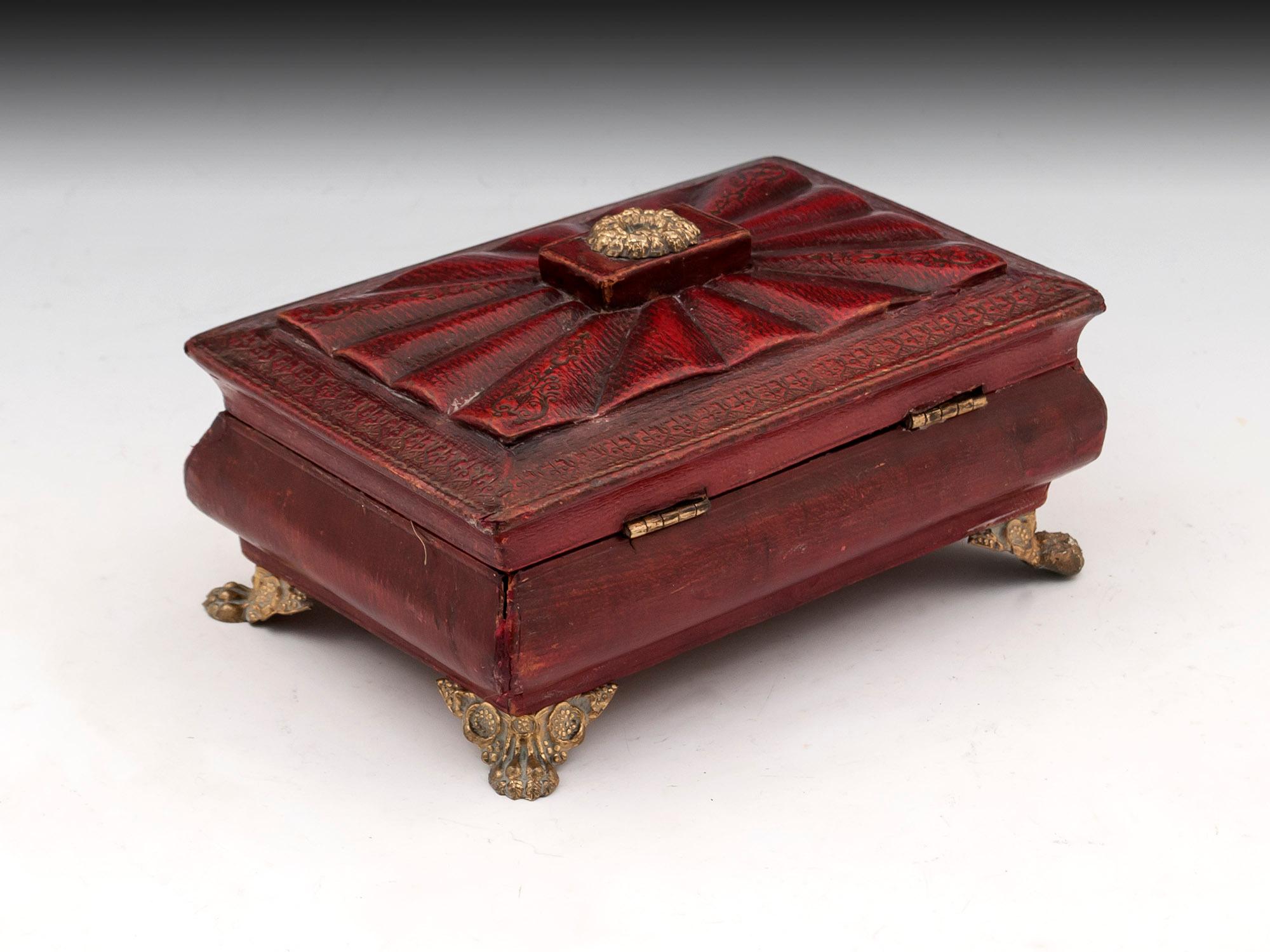 19th Century Regency Antique Red Leather Brass Bone Sewing Needlework Box For Sale