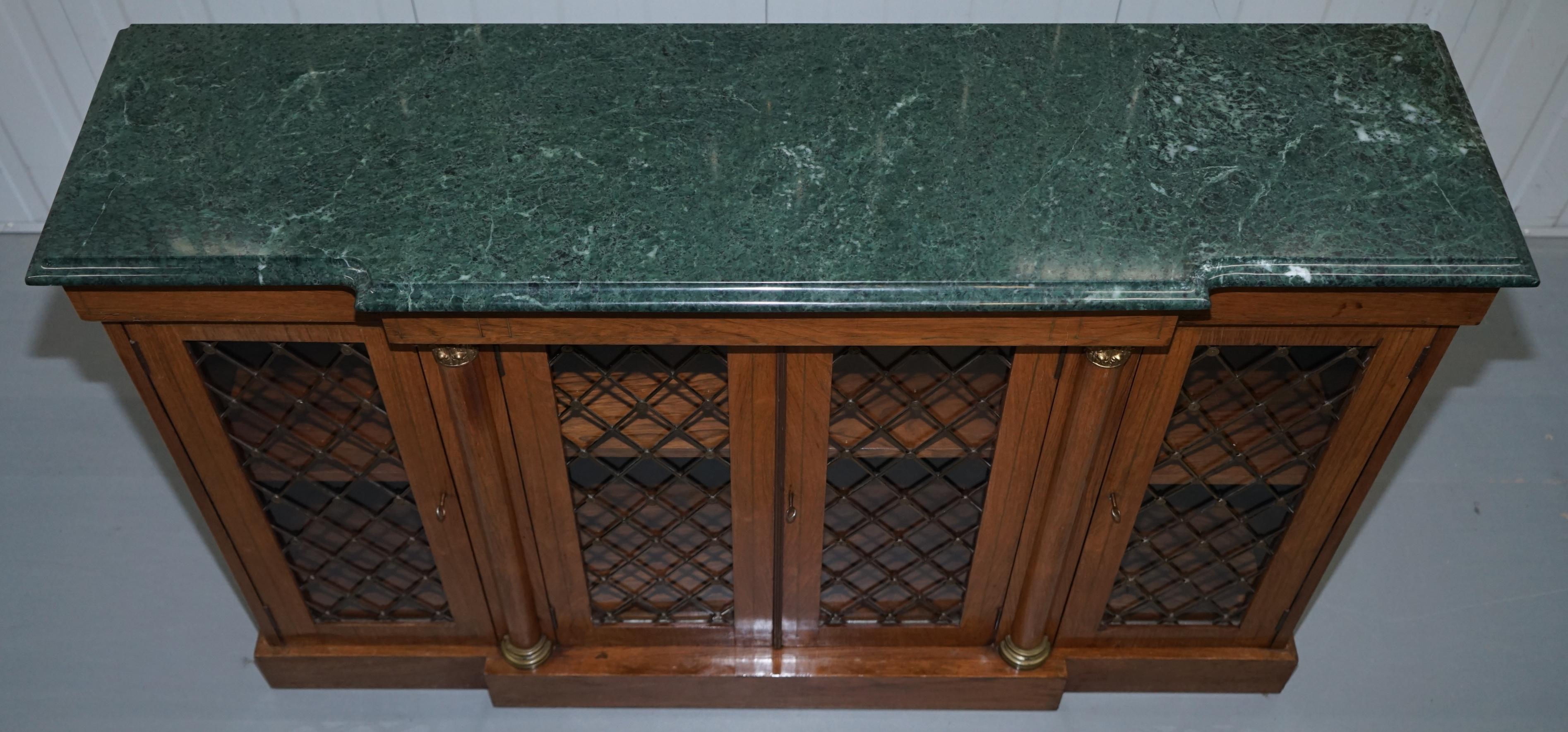 Hand-Carved Regency Redwood Jade Green Marble Top Library Bookcase Cabinet Brass Inlaid