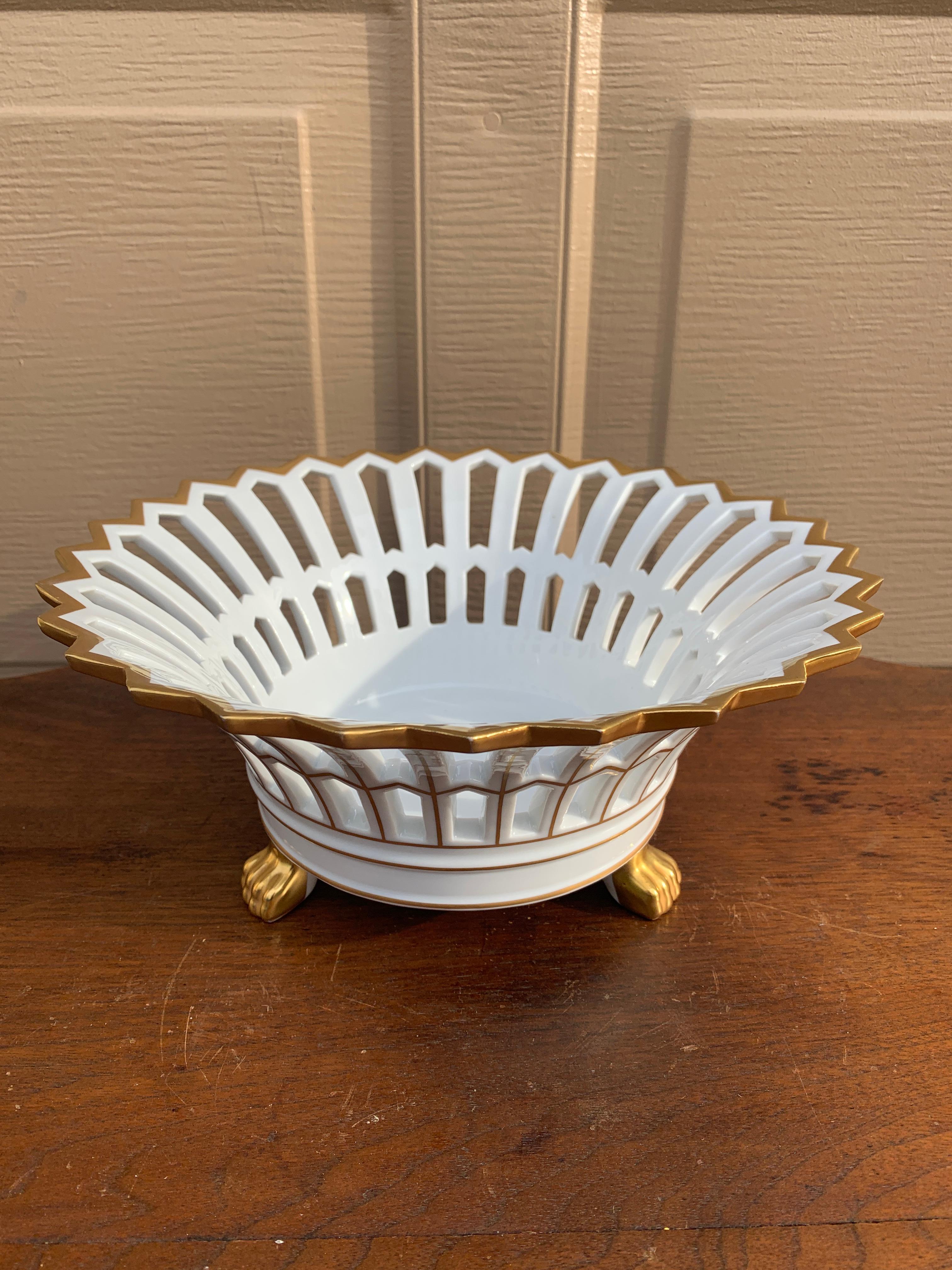 Regency Reticulated Gold Gilt Porcelain Lion Paw Footed Basket For Sale 3