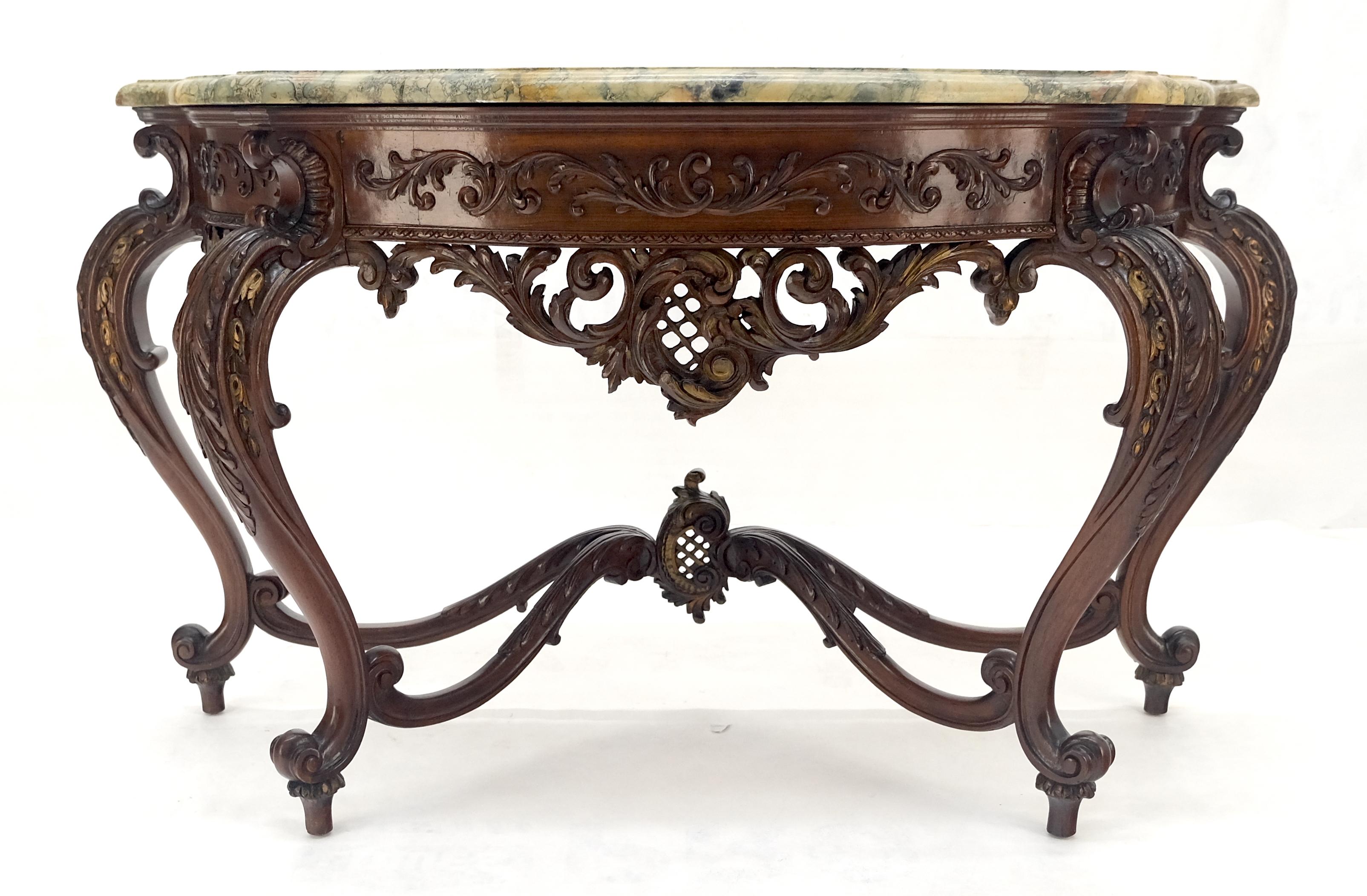 Regency Revival Heavily Fine Carved Stretcher Base Marble Top Console Table MINT For Sale 14