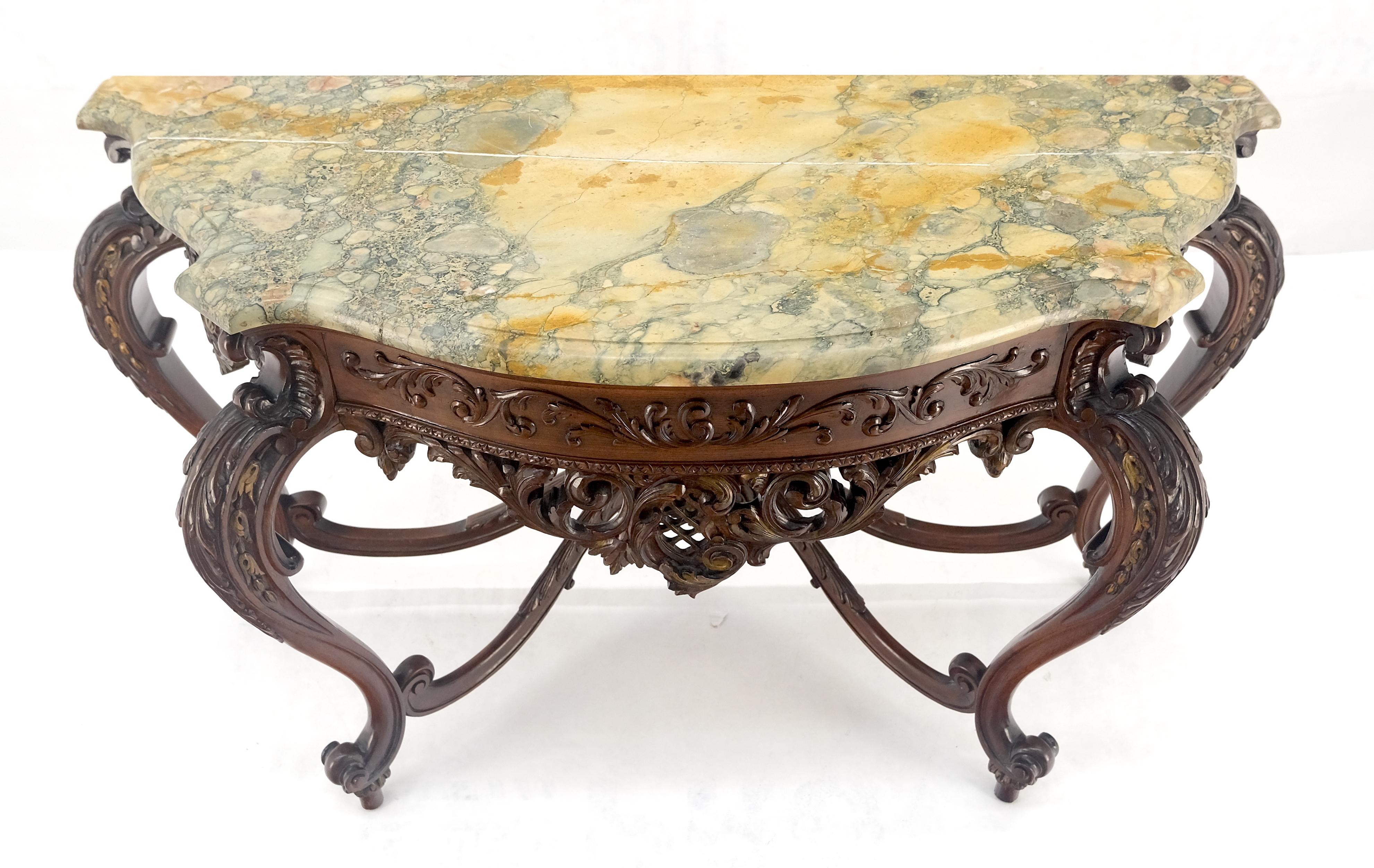American Regency Revival Heavily Fine Carved Stretcher Base Marble Top Console Table MINT For Sale