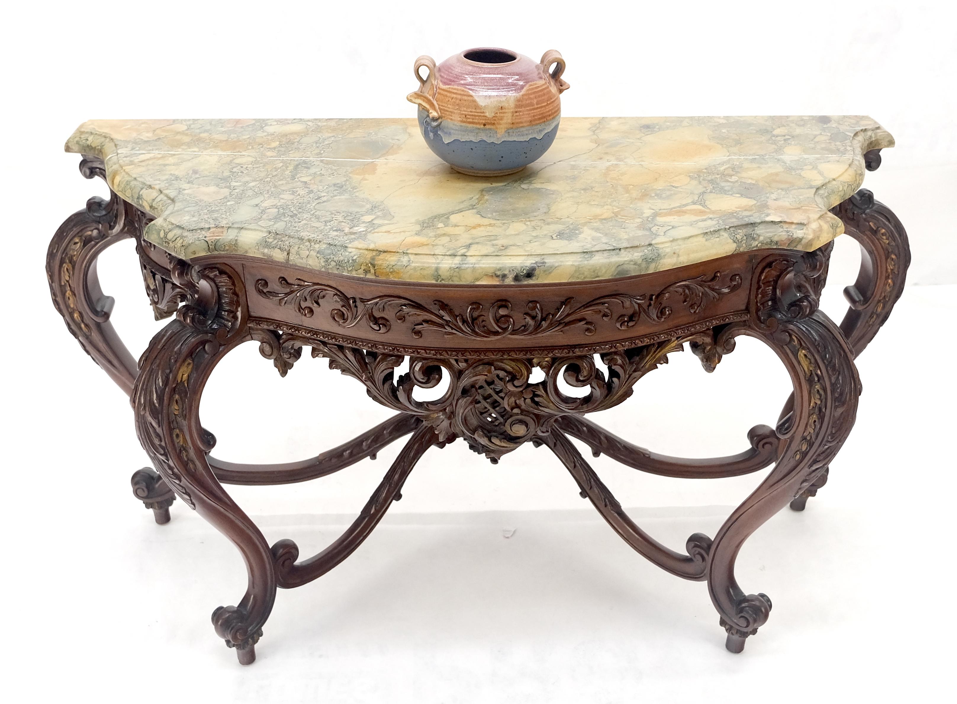 Regency Revival Heavily Fine Carved Stretcher Base Marble Top Console Table MINT For Sale 1