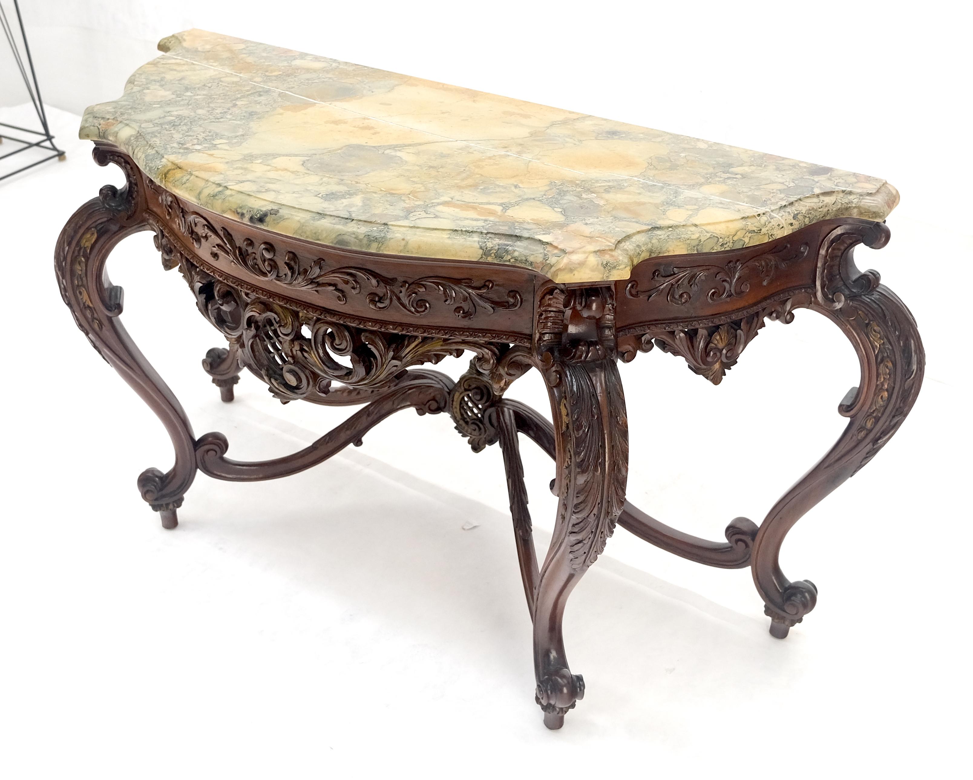 Regency Revival Heavily Fine Carved Stretcher Base Marble Top Console Table MINT For Sale 3