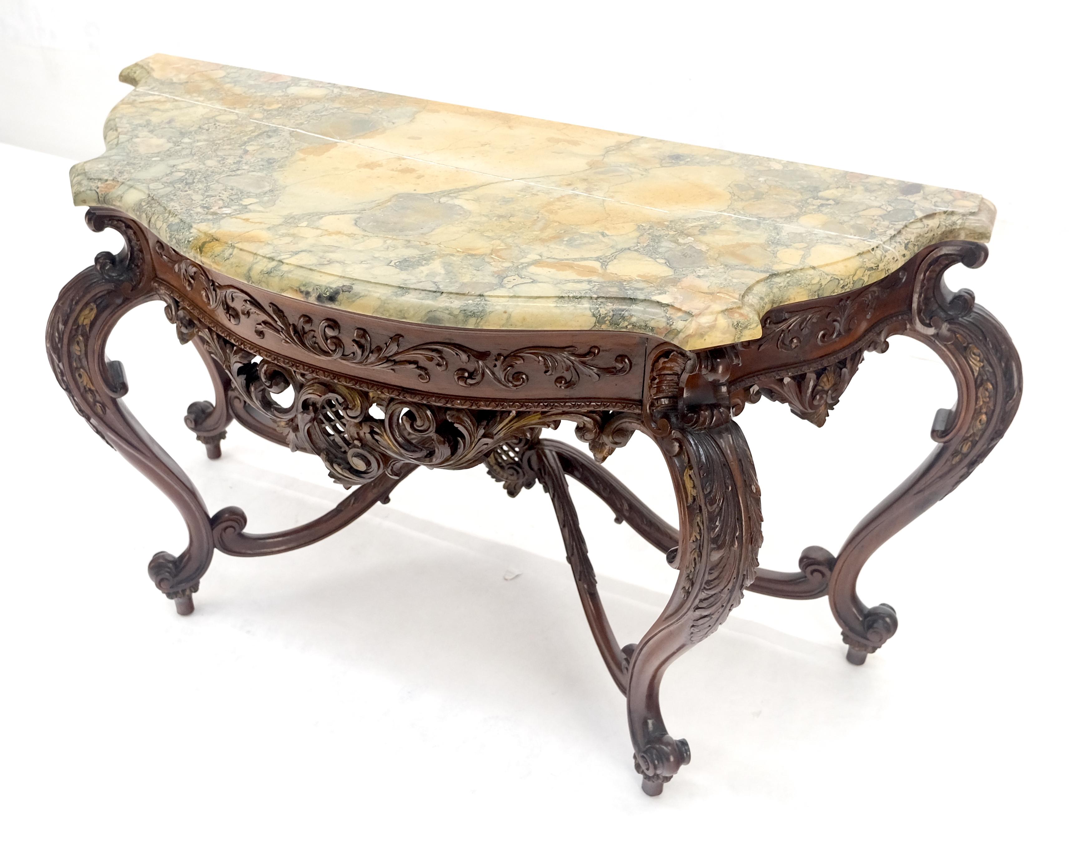 Regency Revival Heavily Fine Carved Stretcher Base Marble Top Console Table MINT For Sale 4
