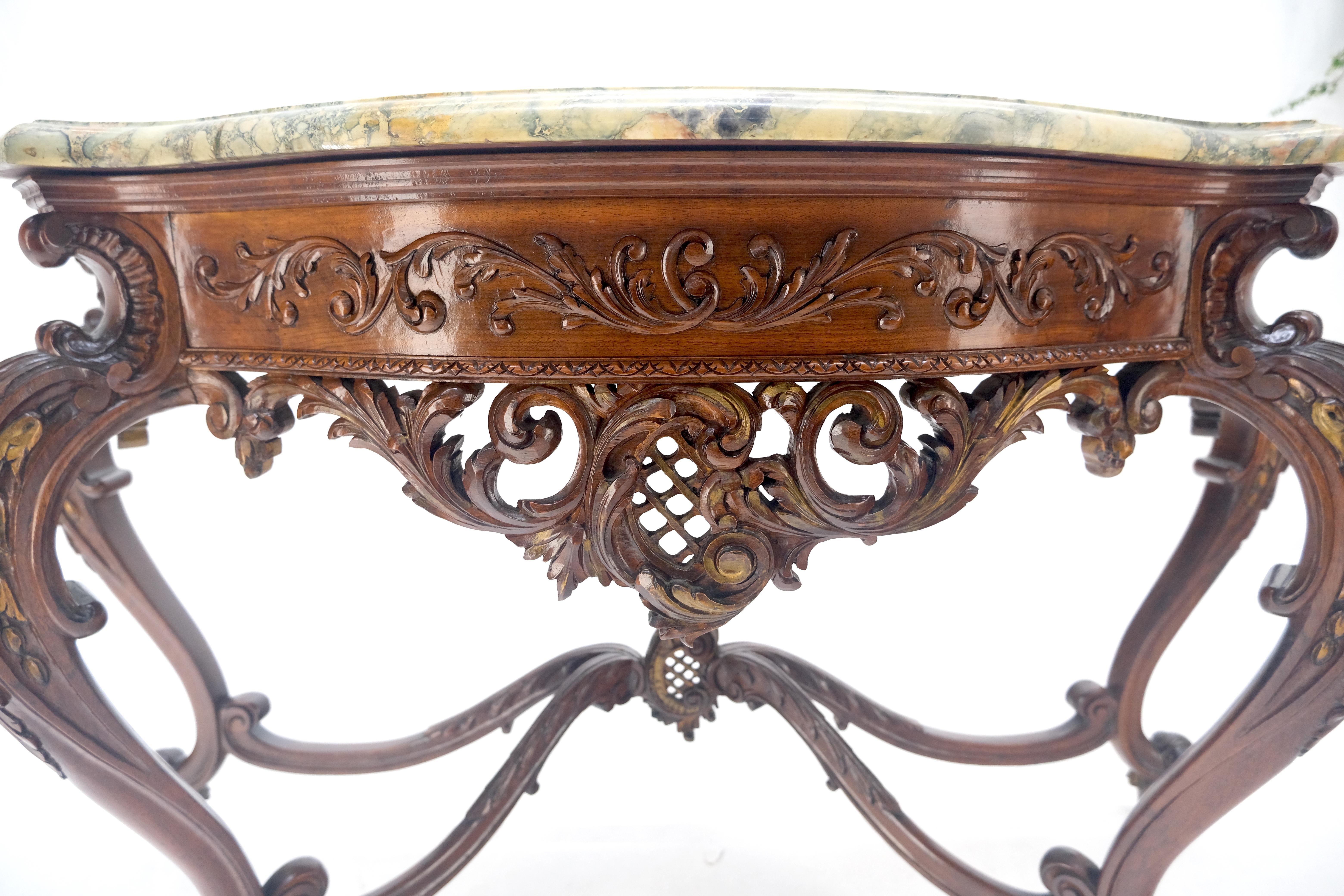 Regency Revival Heavily Fine Carved Stretcher Base Marble Top Console Table MINT For Sale 5