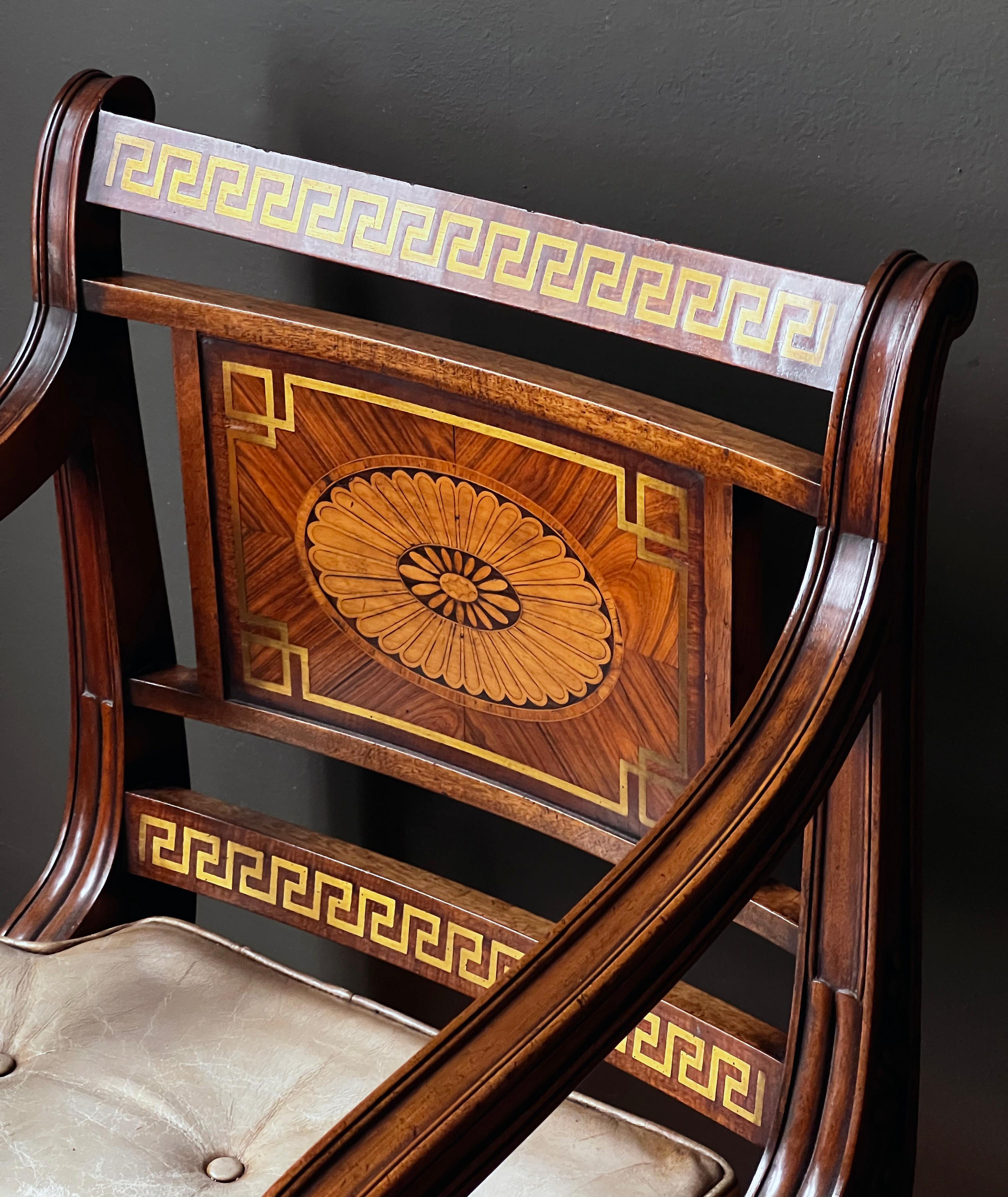 Regency Revival Mahogany Brass Inlaid Armchair In Good Condition For Sale In Brooklyn, NY