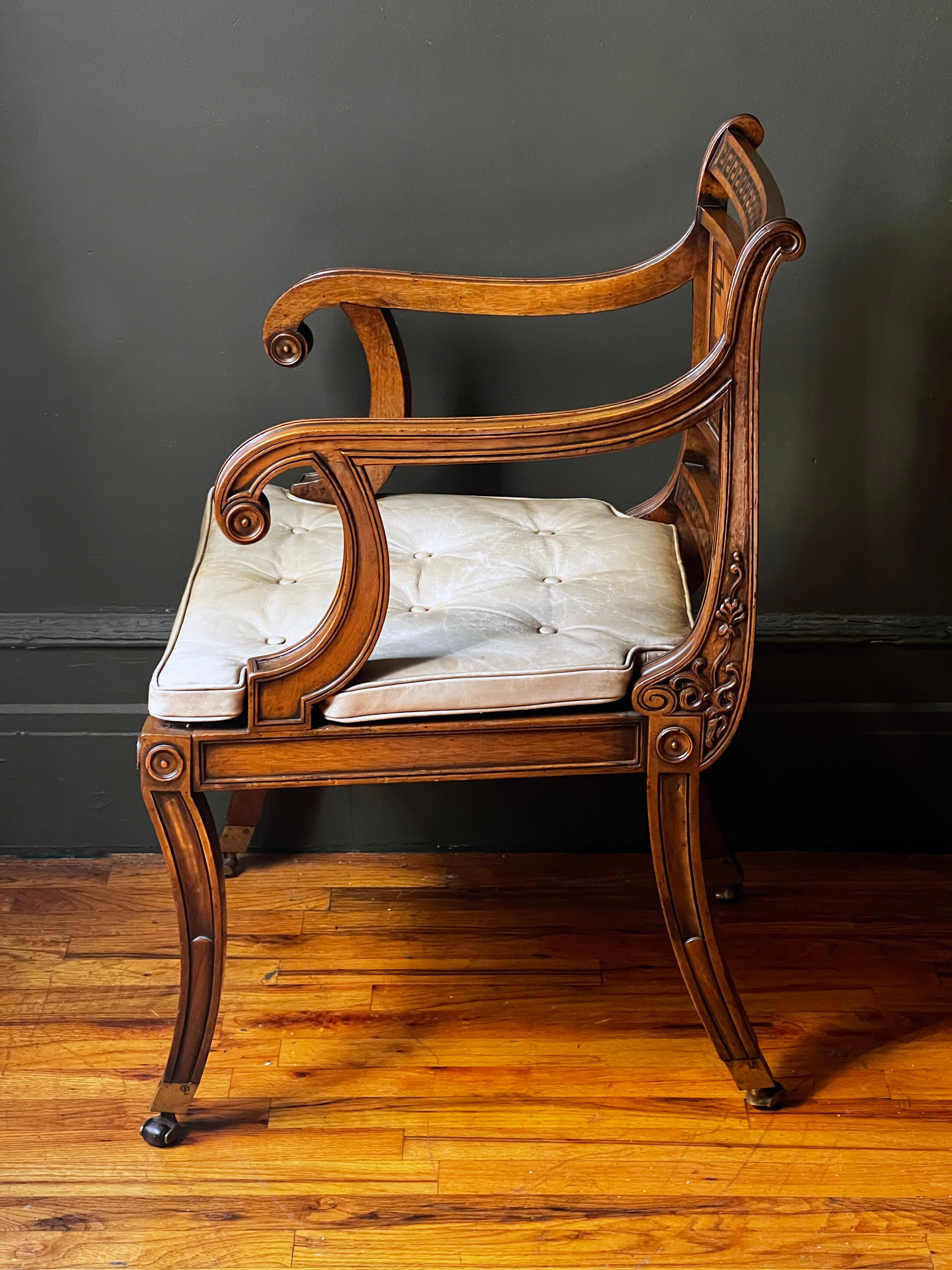 Regency Revival Mahogany Brass Inlaid Armchair For Sale 2