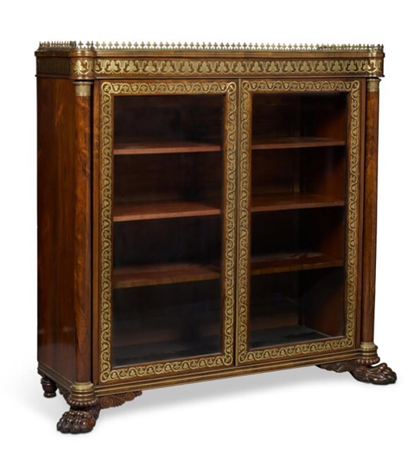 English Regency Rosewood And Brass Inlaid Bookcase For Sale