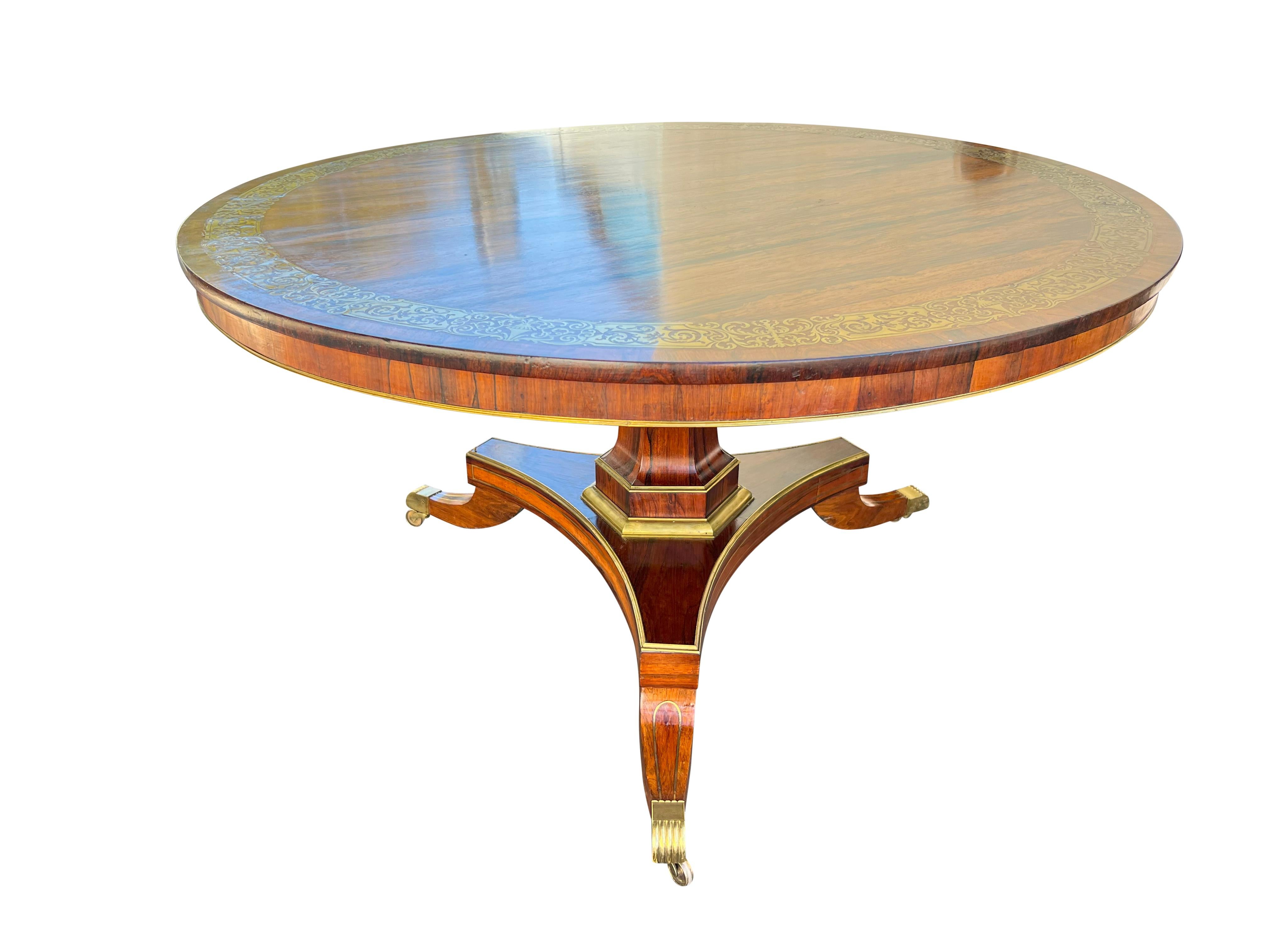 Regency Rosewood And Brass Inlaid Center Table In Good Condition For Sale In Essex, MA