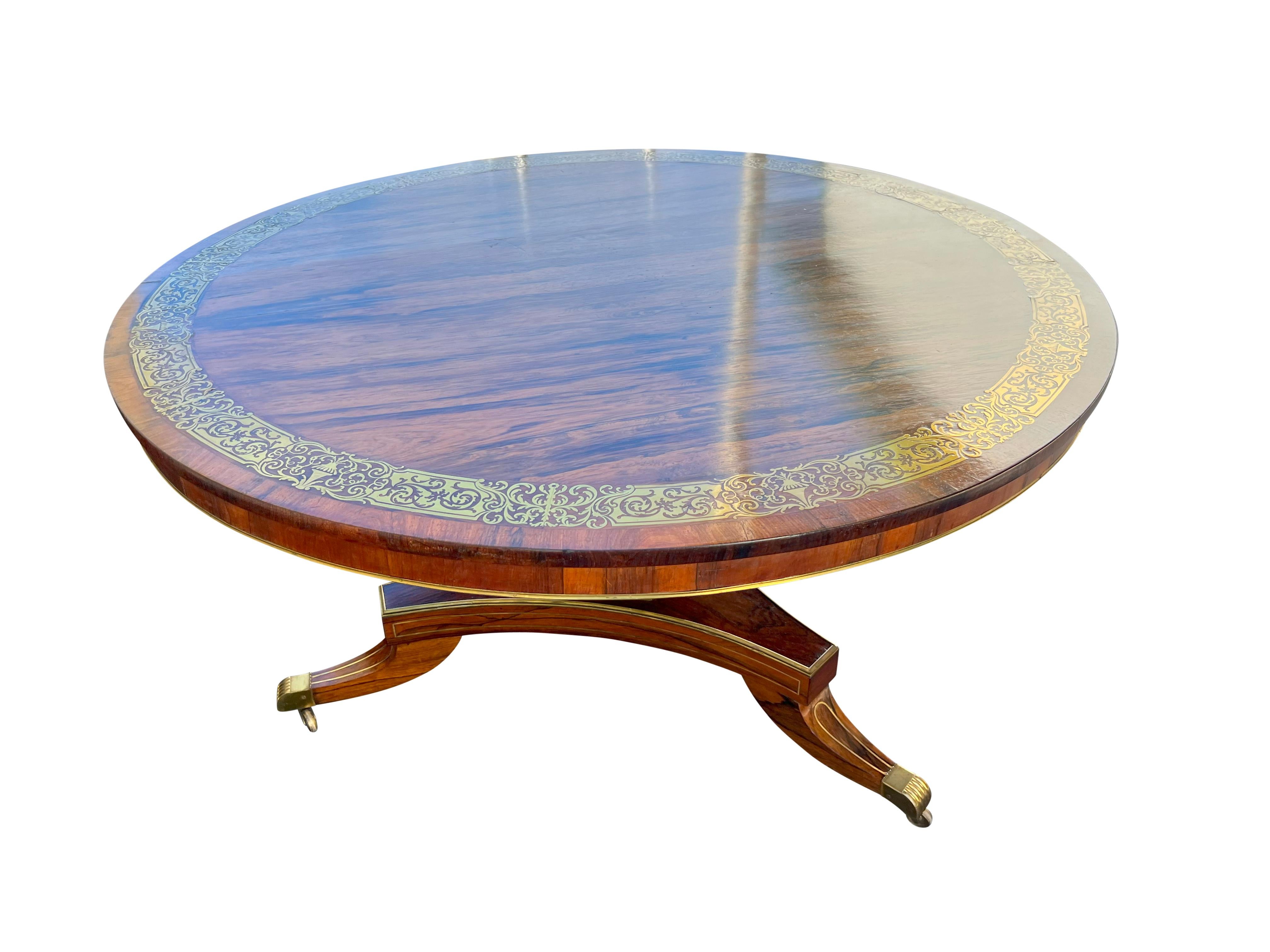 Early 19th Century Regency Rosewood And Brass Inlaid Center Table For Sale